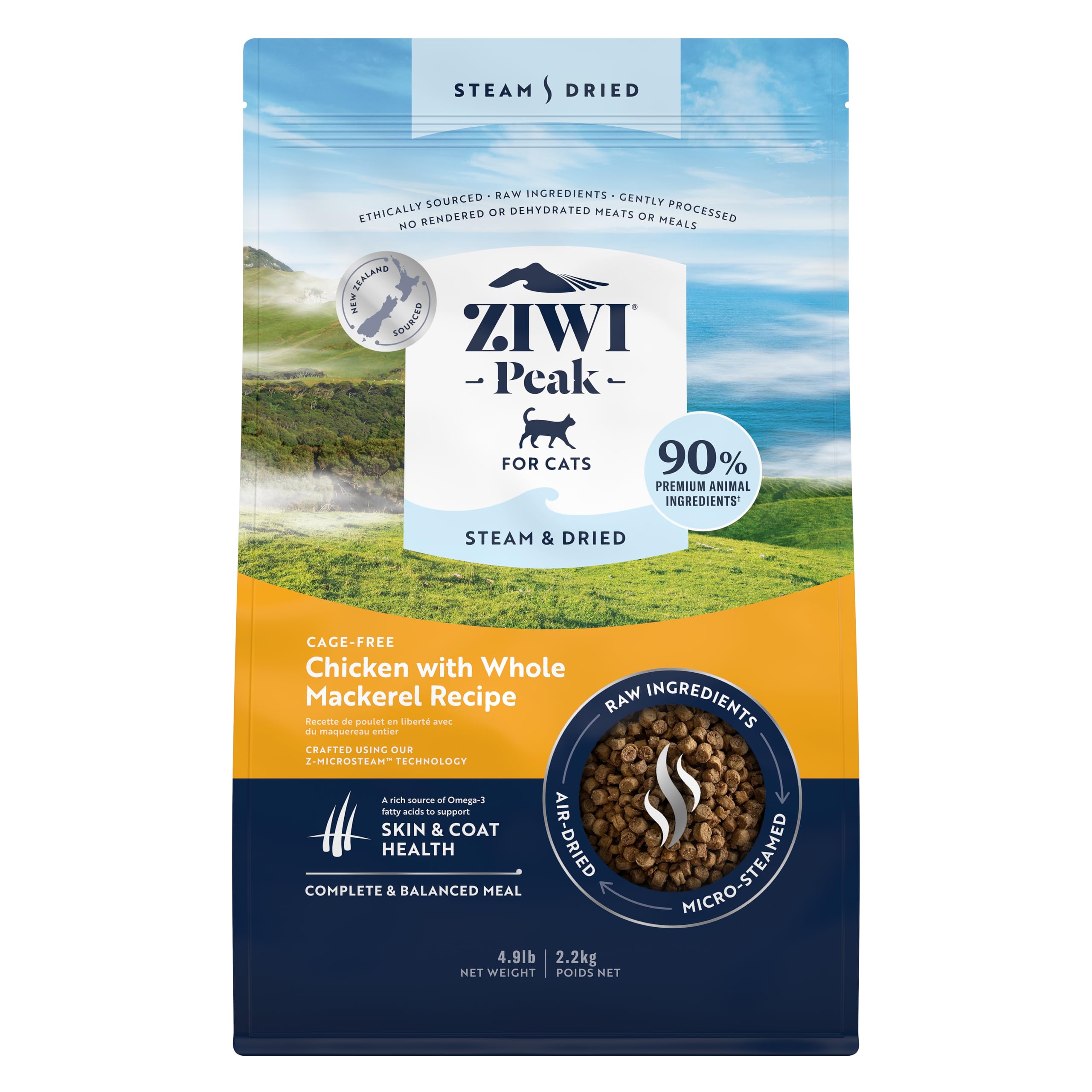 ZIWI Peak Steam & Dried Cat Food - Cage-Free Chicken w/Whole Mackerel - High Protein, Skin & Coat Health, Low Carb, for All Life