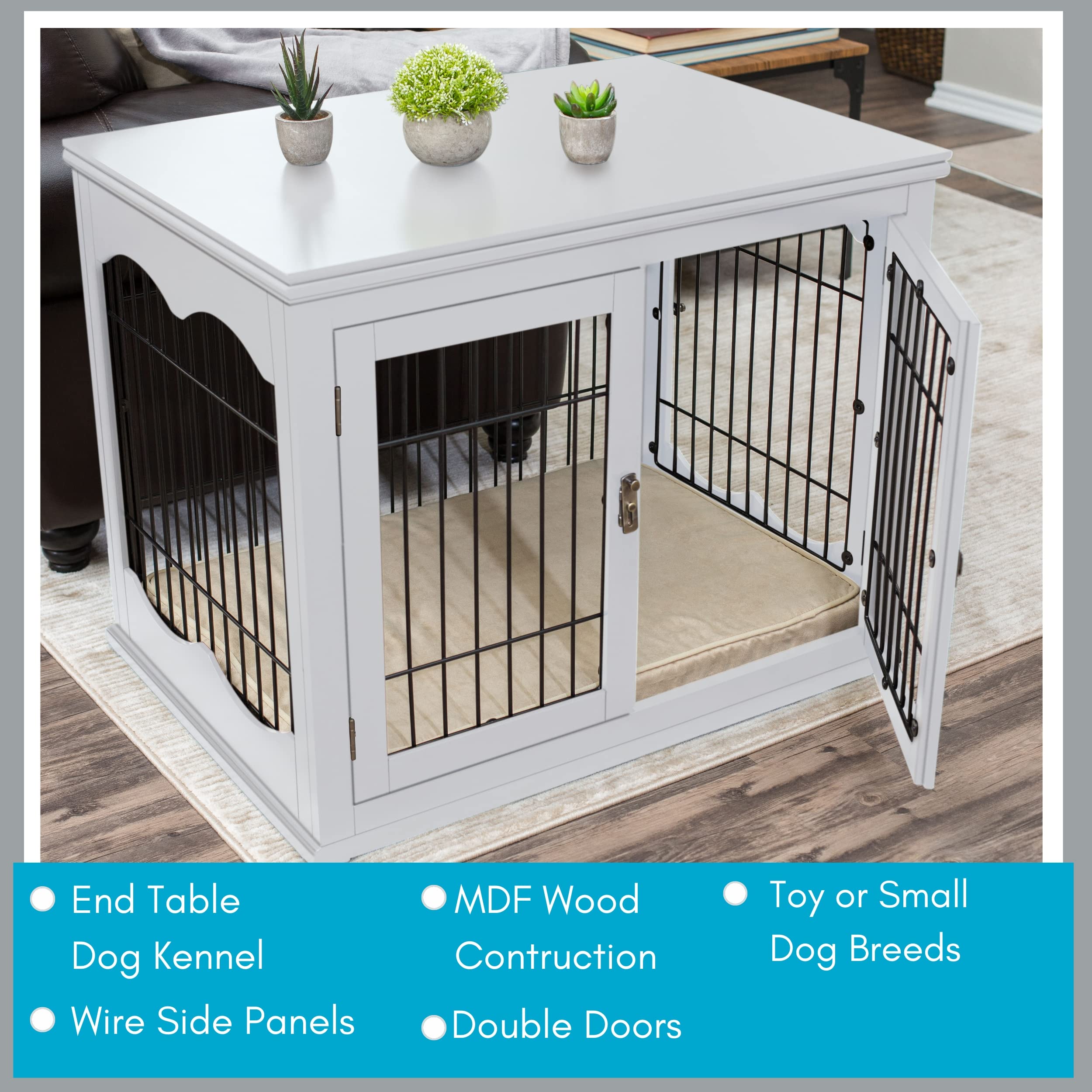 Birdrock Home Decorative Dog Kennel With Pet Bed - Small Indoor Pet Crate, Double Door Design, Engineered Wood & Metal Wire, Fur