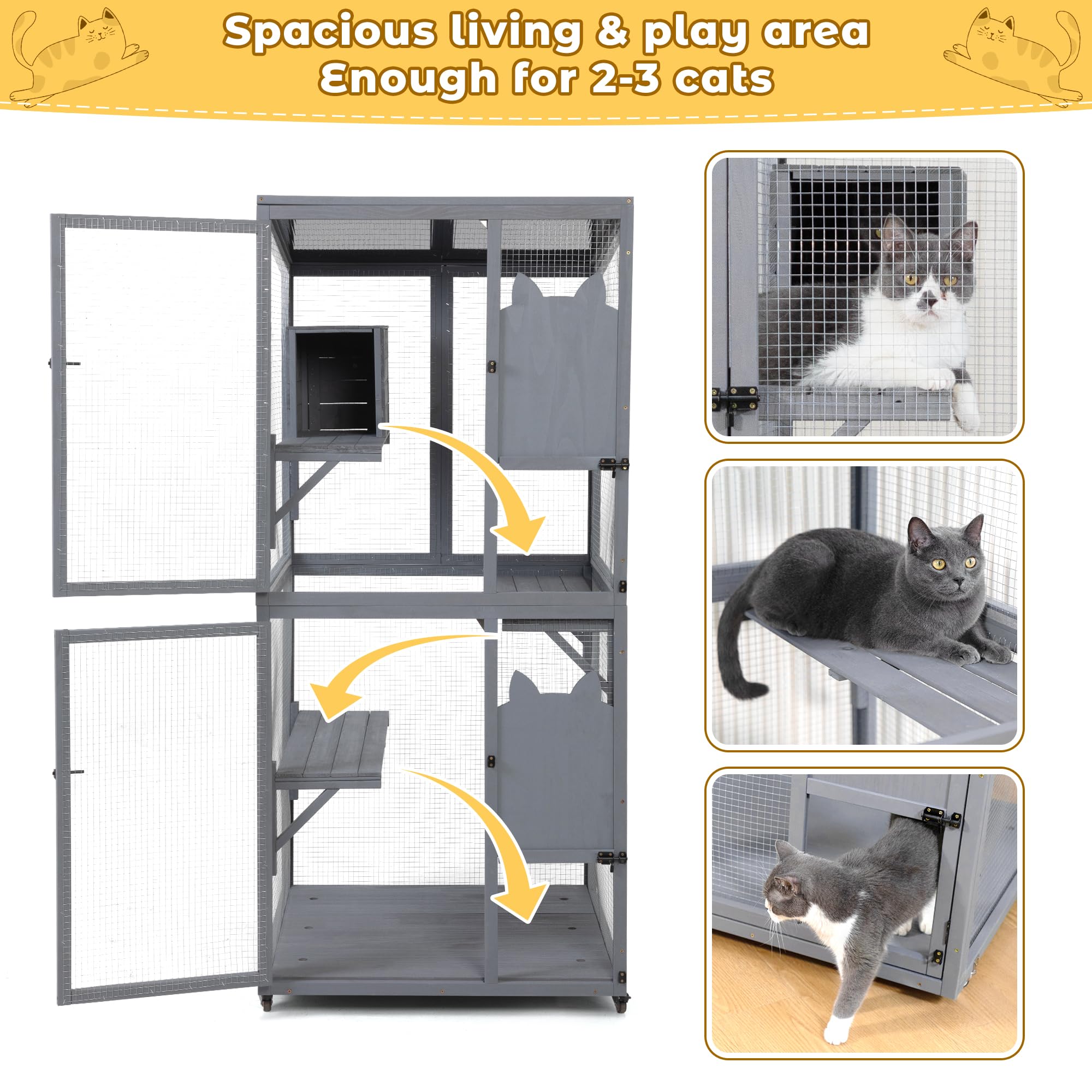 Coziwow Catio Outdoor Cat Enclosure Window Access, Outdoor Cat House With Wheels, Cage For Cats Indoor(Grey, Medium)
