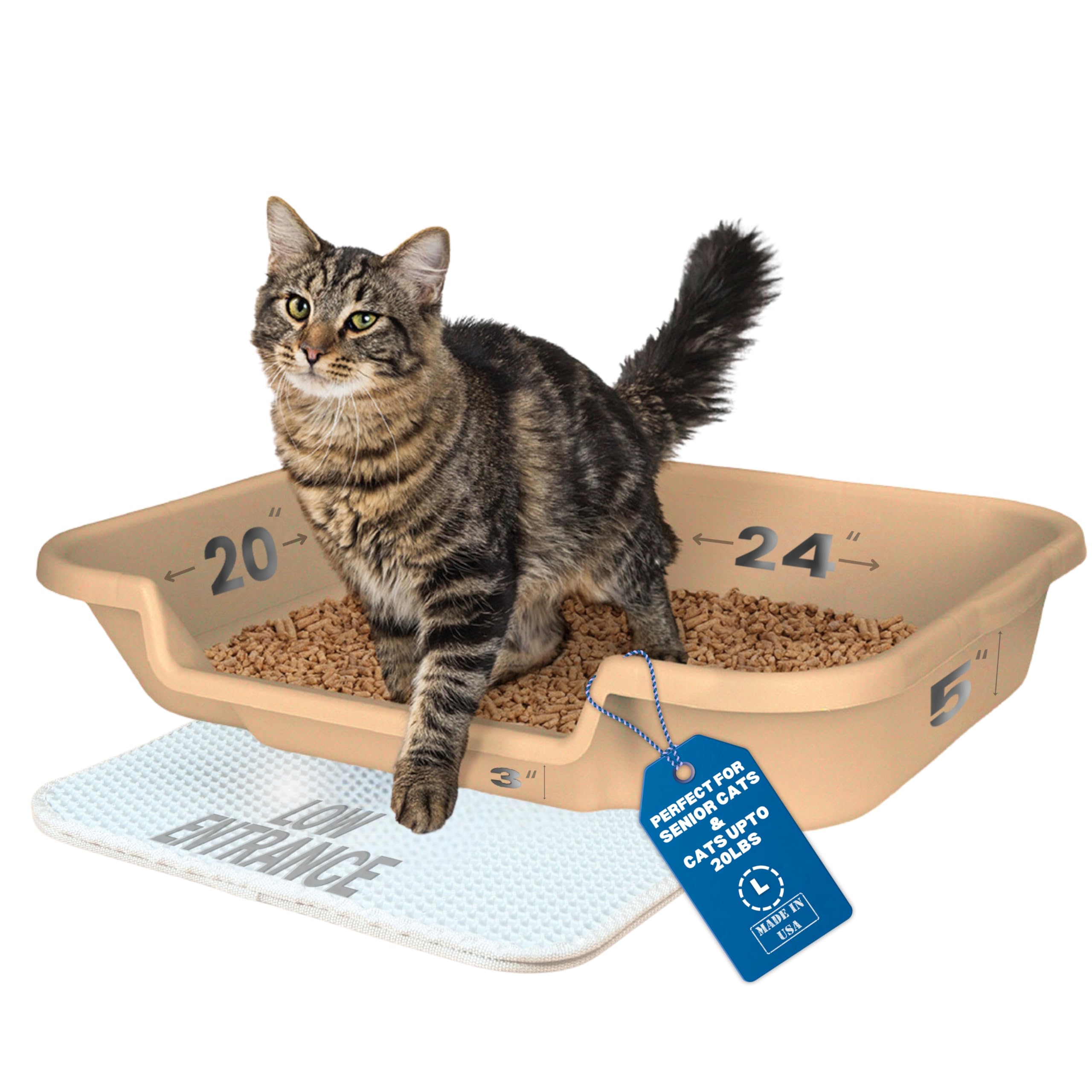 Kittygohere Senior Cat Litter Box 1 Pack, Large Beach Sand Low Entrance Kitty Litter Box, Sized For Cats Comfort, Perfect For Senior And Arthritic Cats, Made In Usa