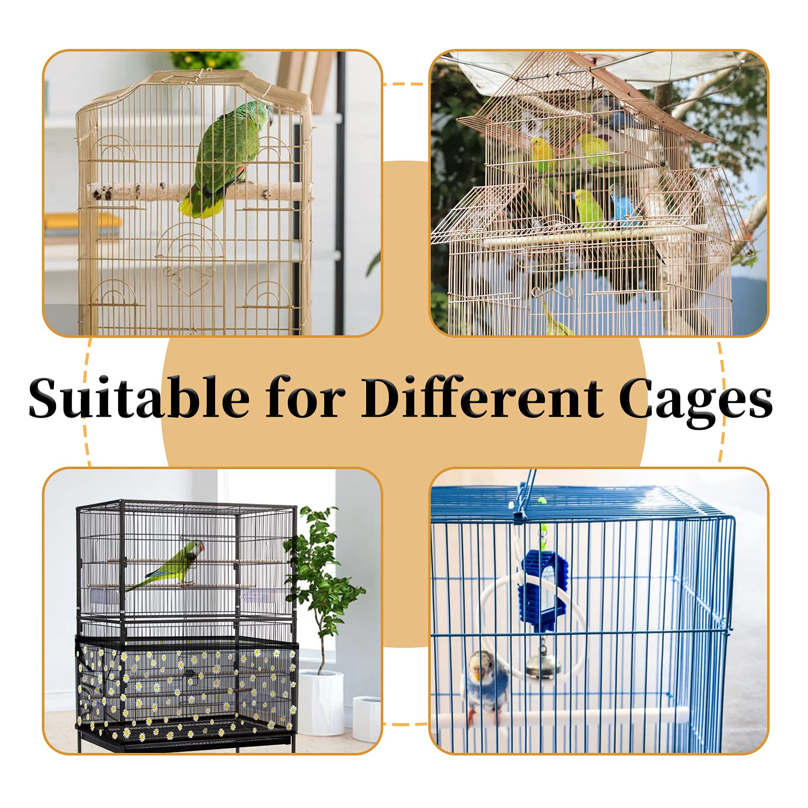 Daoeny Large Bird Cage Cover, Bird Cage Seed Catcher, Adjustable Soft Nylon Mesh Net With Daisy Pattern, Birdcage Cover Skirt Seed Guard For Parrot Parakeet Macaw Round Square Cages (Black)