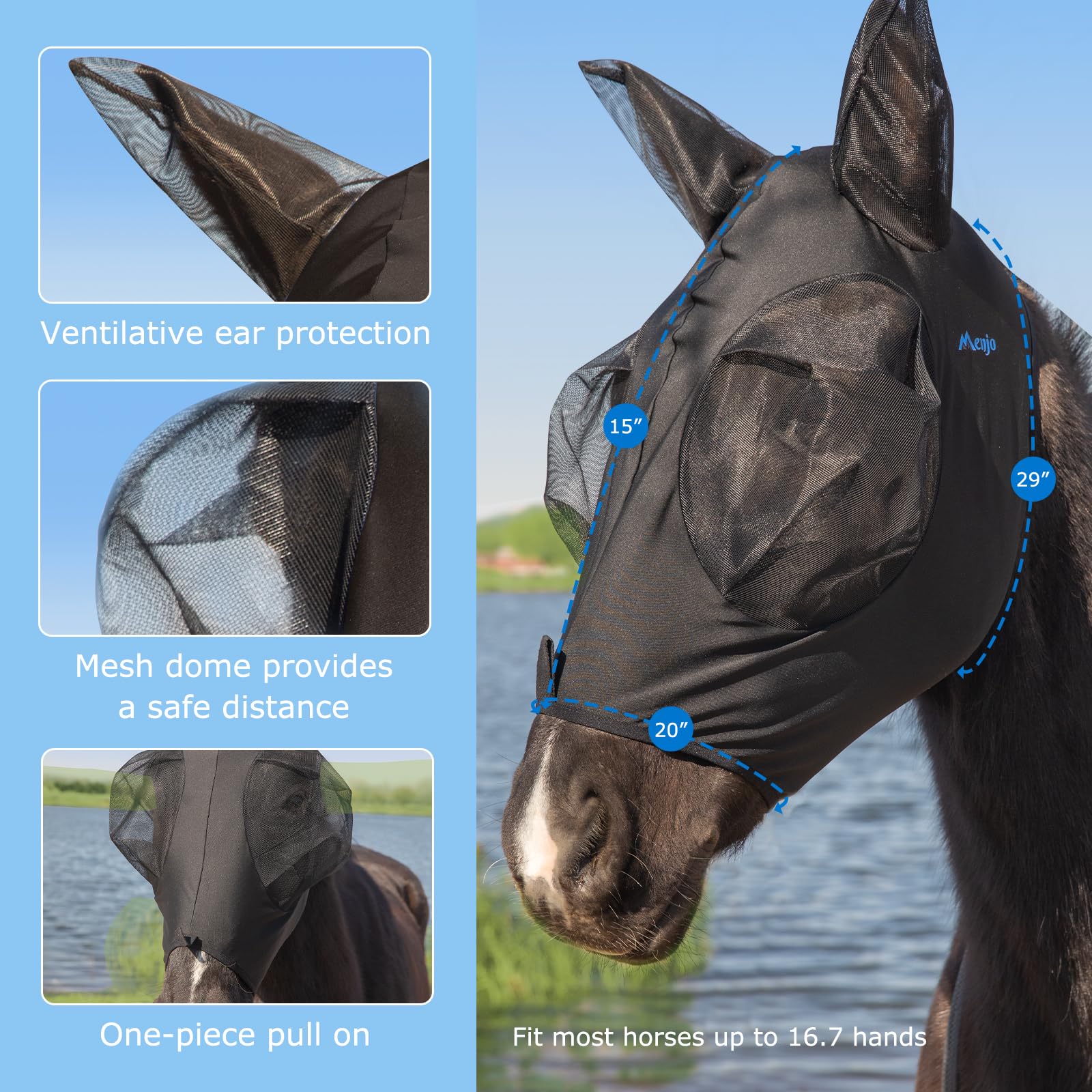 Stretchy Menjo Outdoors Horse Fly Mask with Ears, UV Protection for Horses, Breathable Comfortable Black Fly Mask Suitable for Q