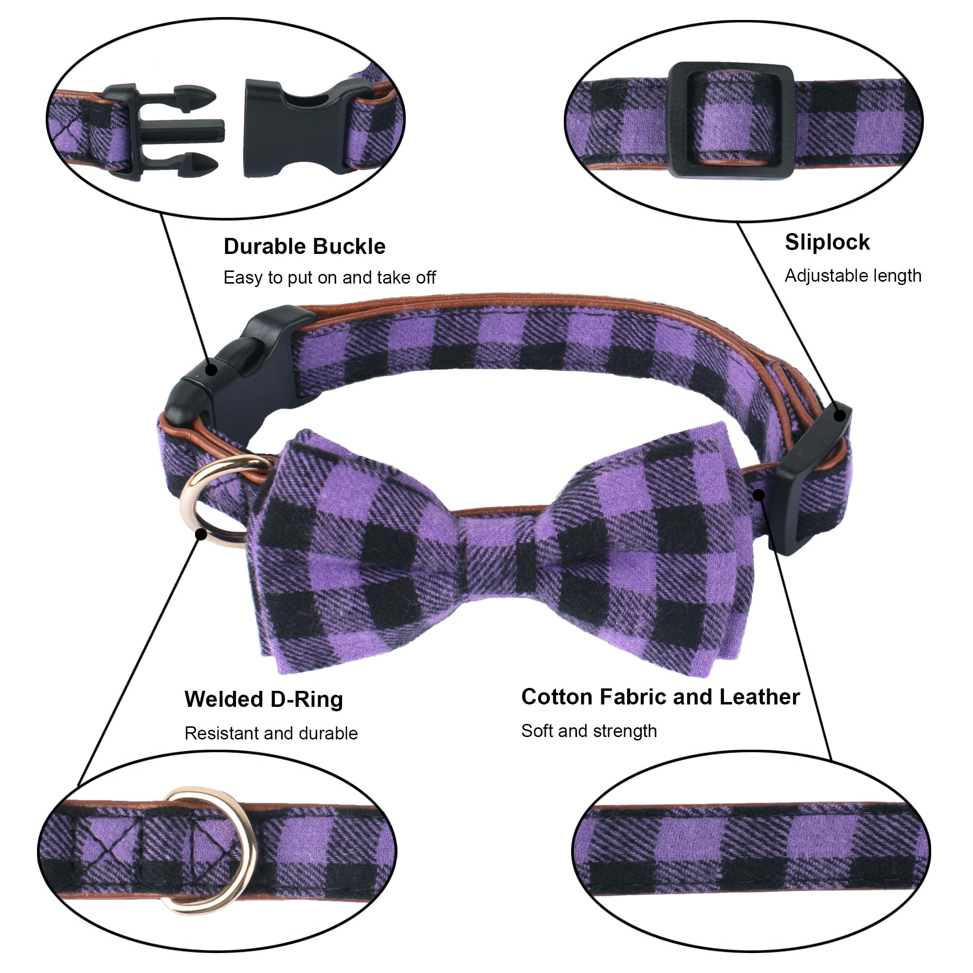 Adoggygo Halloween Dog Collar With Bow, Adjustable Plaid Dog Collars With Removable Bowtie Orange Purple Plaid Halloween Collars For Small Dogs Pets (Small, Orange&Purple)