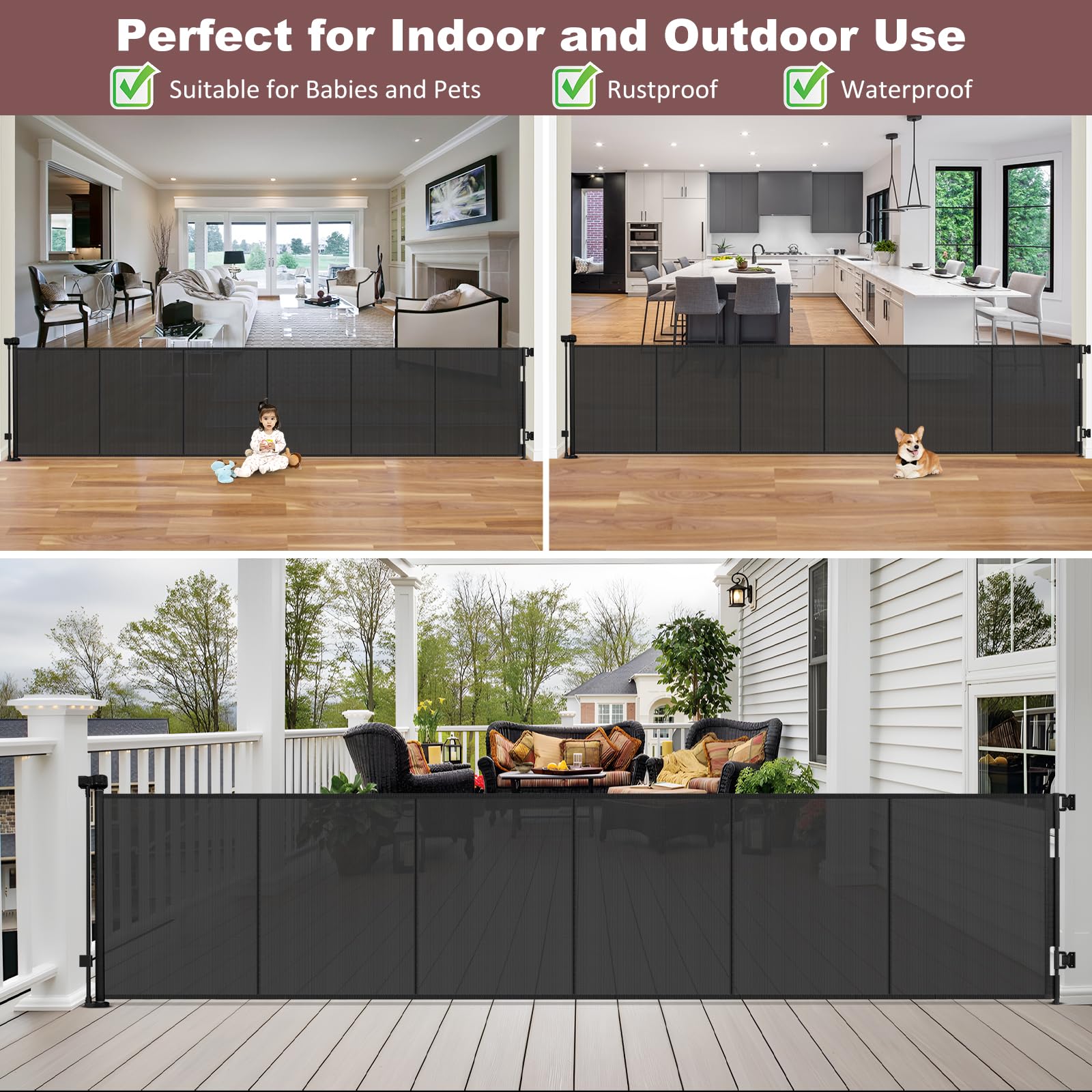 Reinforced 41'' Tall    150'' Extra Long Retractable Baby Gate with Support Rods, Indoor Dog Gates for The House Extra Wide Baby