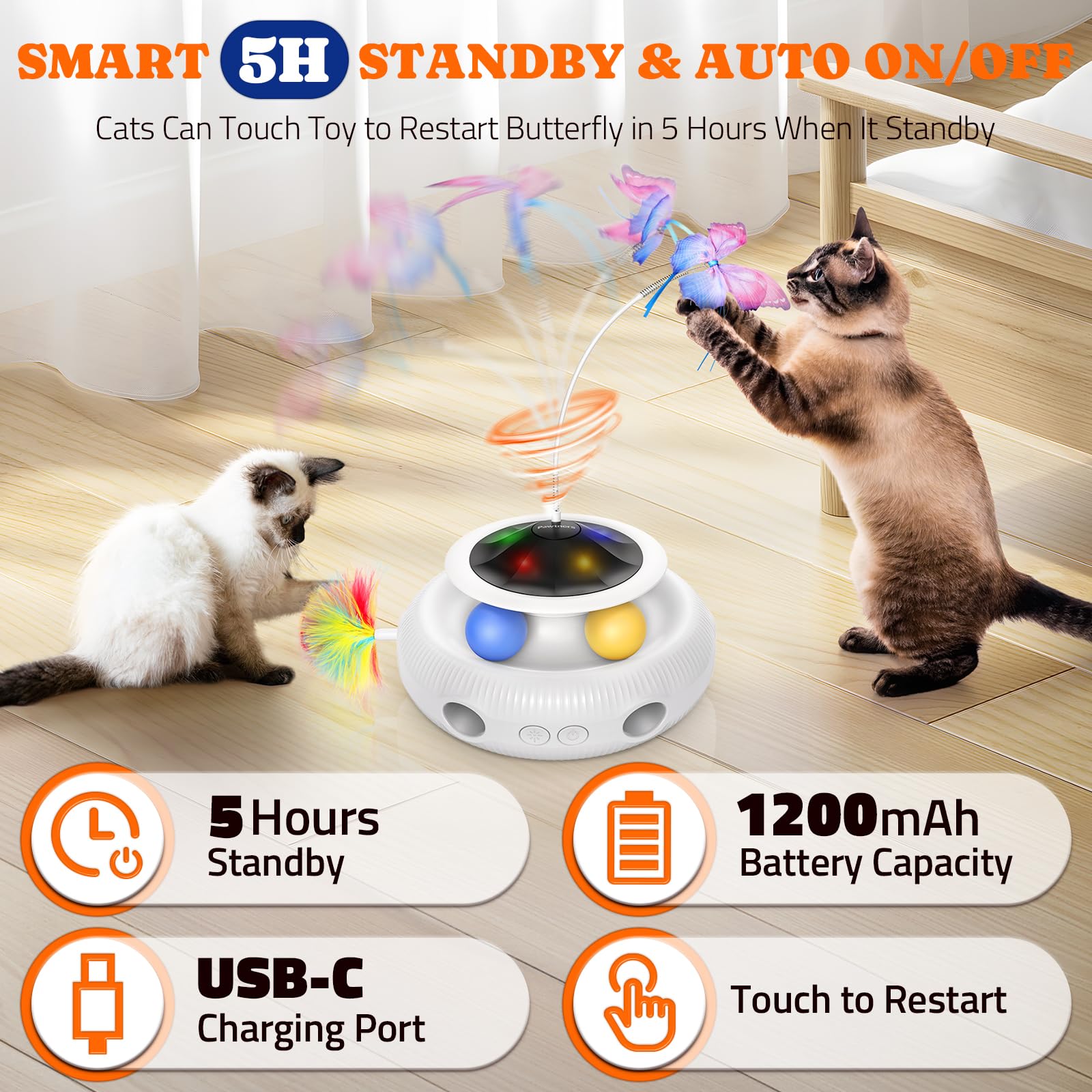Pawtners Interactive Cat Toy: 4 In 1 Automatic Interactive Kitten Toys For Indoor Cats Rechargeable With Fluttering Butterfly, T