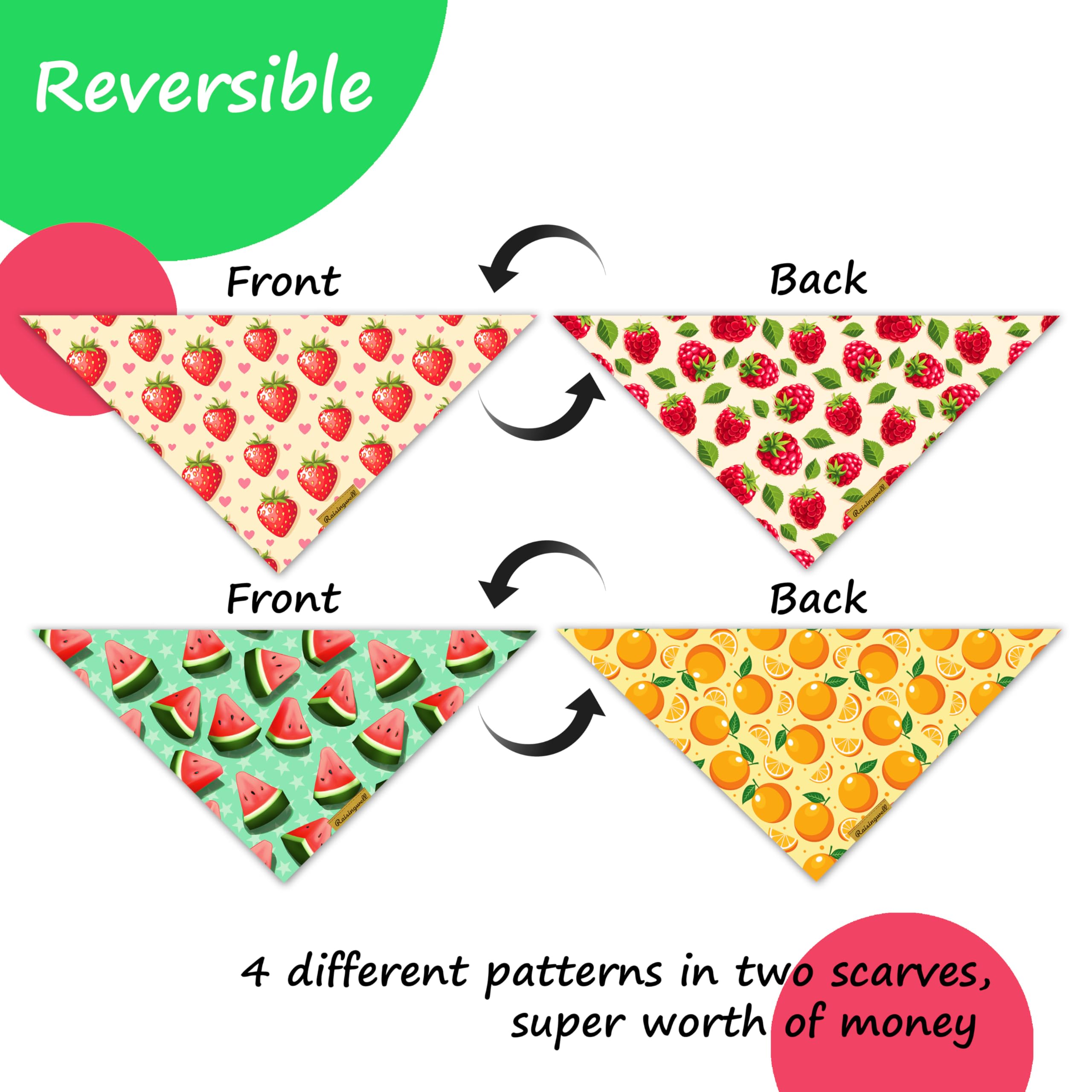 Raisingwell New Summer Fruit Dog Bandanas 2 Pack 4 Pattern Reversible, Holiday Bandana For Boy And Girl, Premium Durable Fabric,