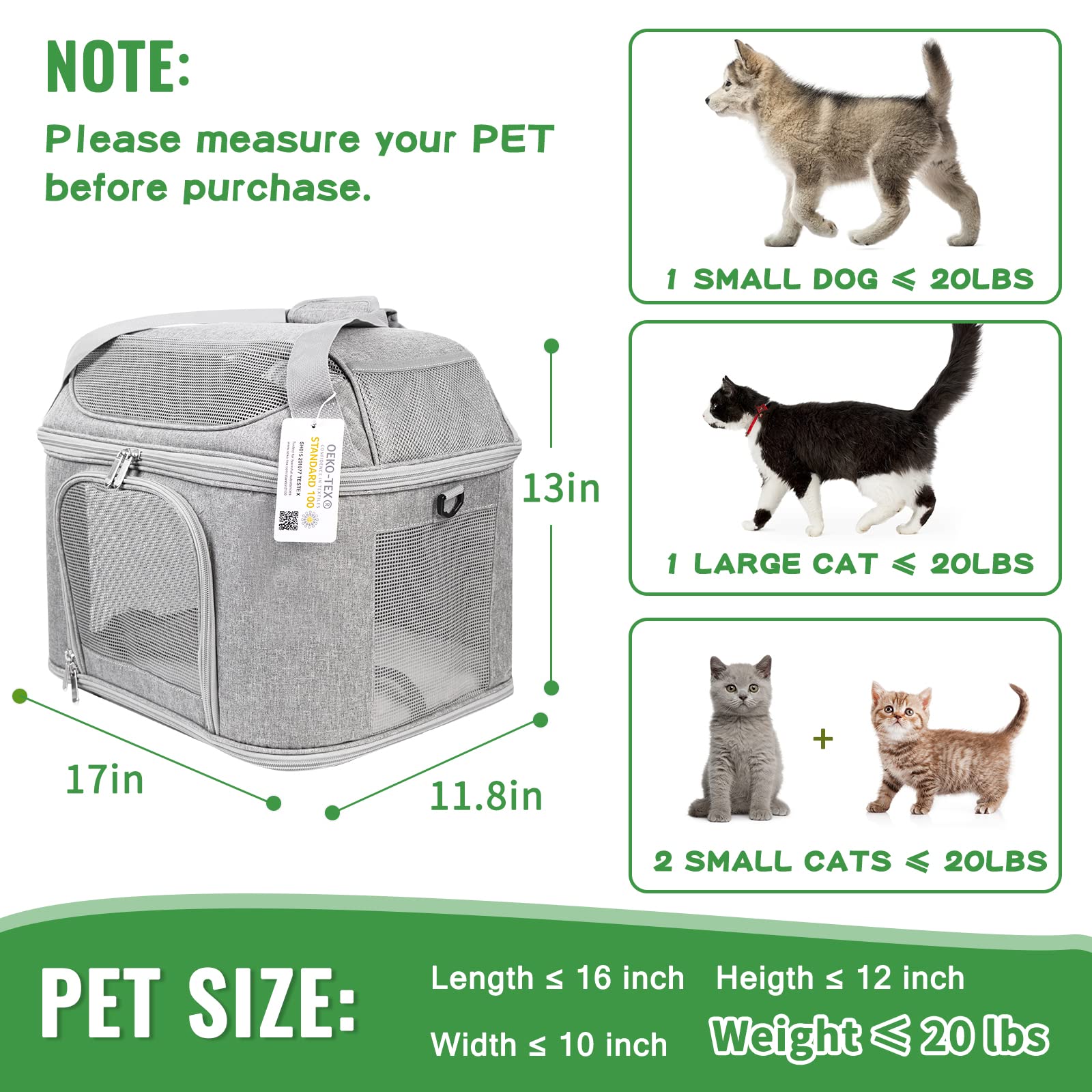 Bejibear Large Cat Carrier For 2 Cats, Soft Side Pet Carrier For Cats Small Dog Up To 20 Lbs, Collapsible Travel Dog Carrier Bag