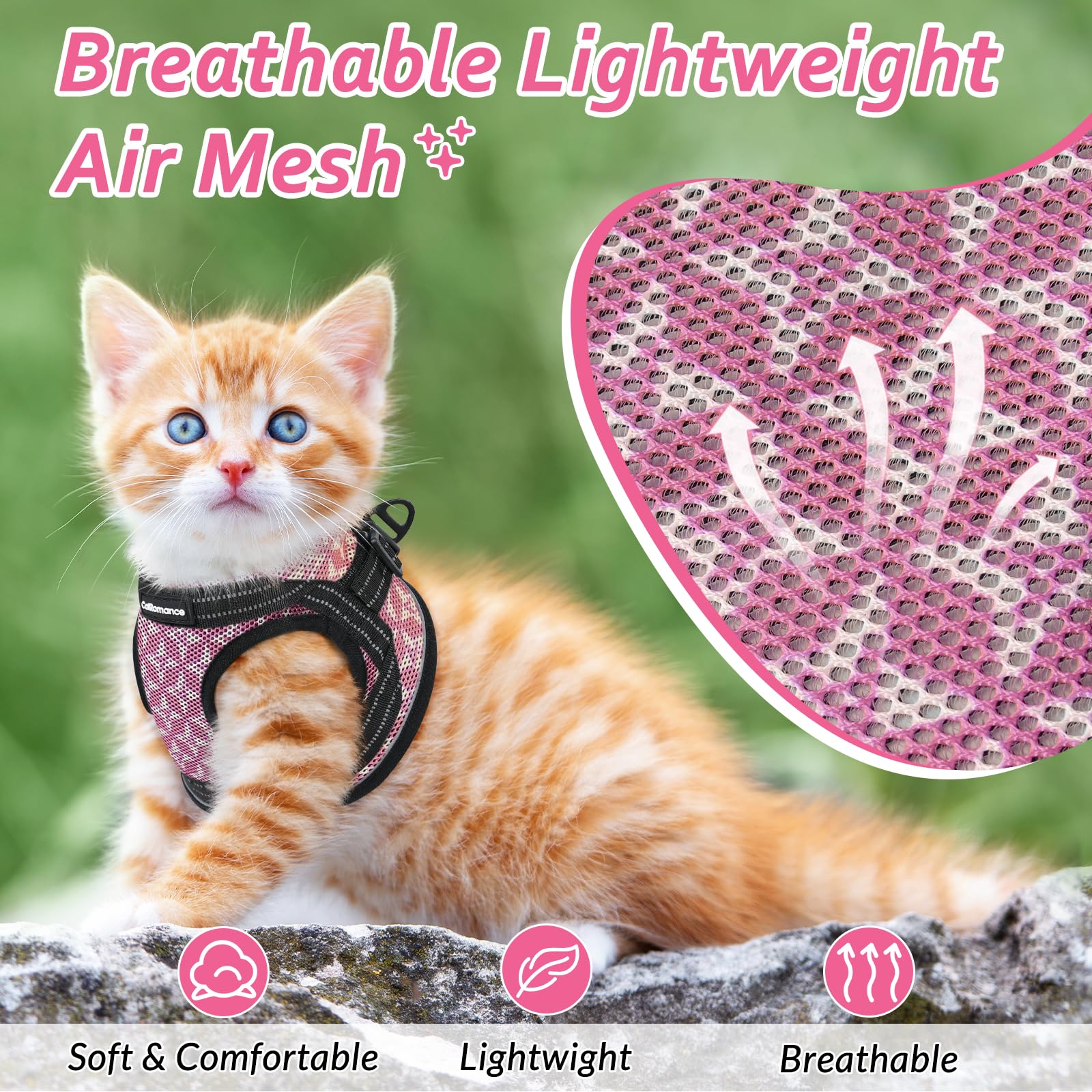 Catromance Cat Harness And Leash Set Escape Proof For Walking, Safe Adjustable Small Large Kitten Vest With Reflective Strip For Kitty, Easy Control Comfortable Soft Outdoor Harnesses, Pink, Large