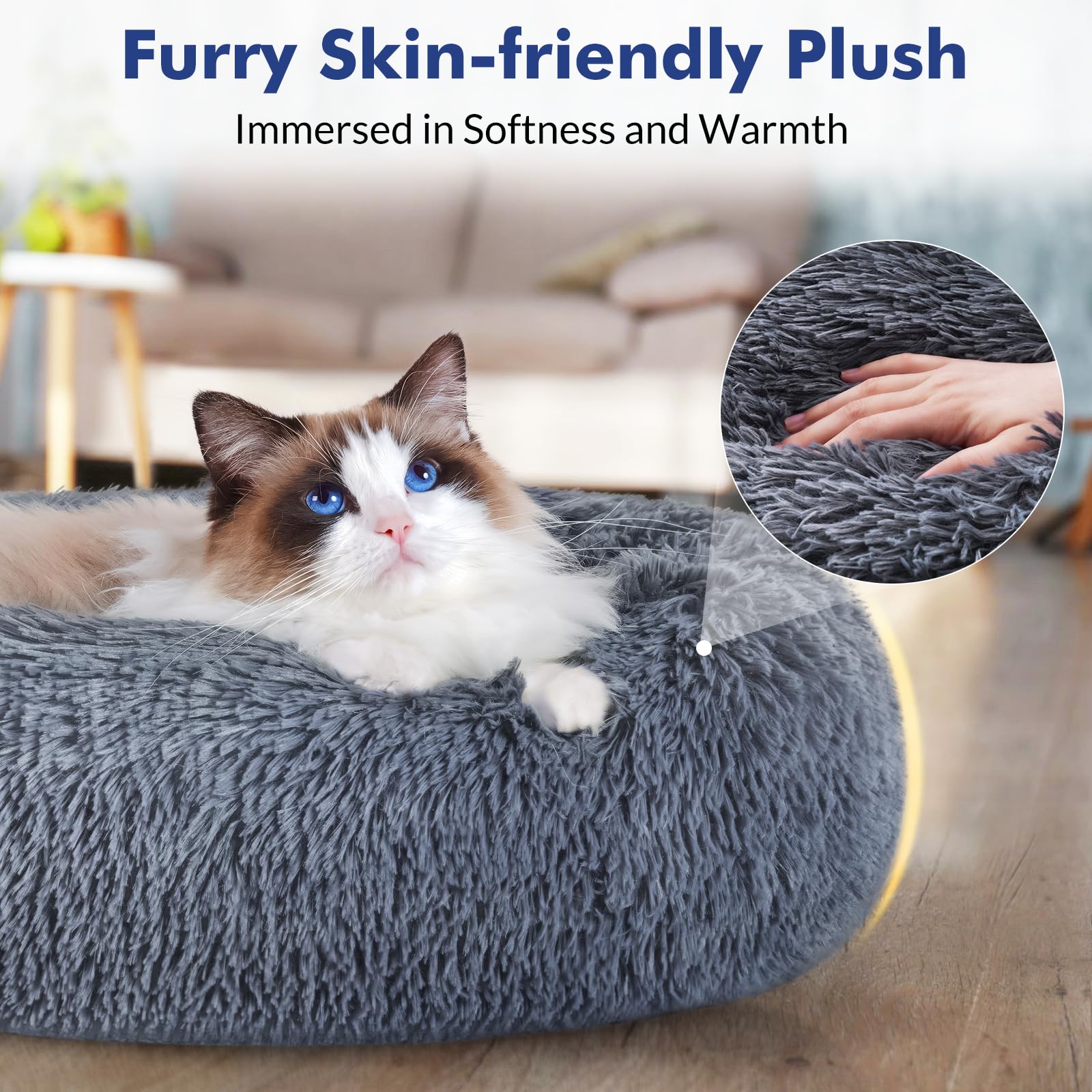 Rabbitgoo Cat Beds For Indoor Cats, 20 Inches Cat Bed Machine Washable, Fluffy Round Pet Bed Non-Slip, Calming Soft Plush Donut