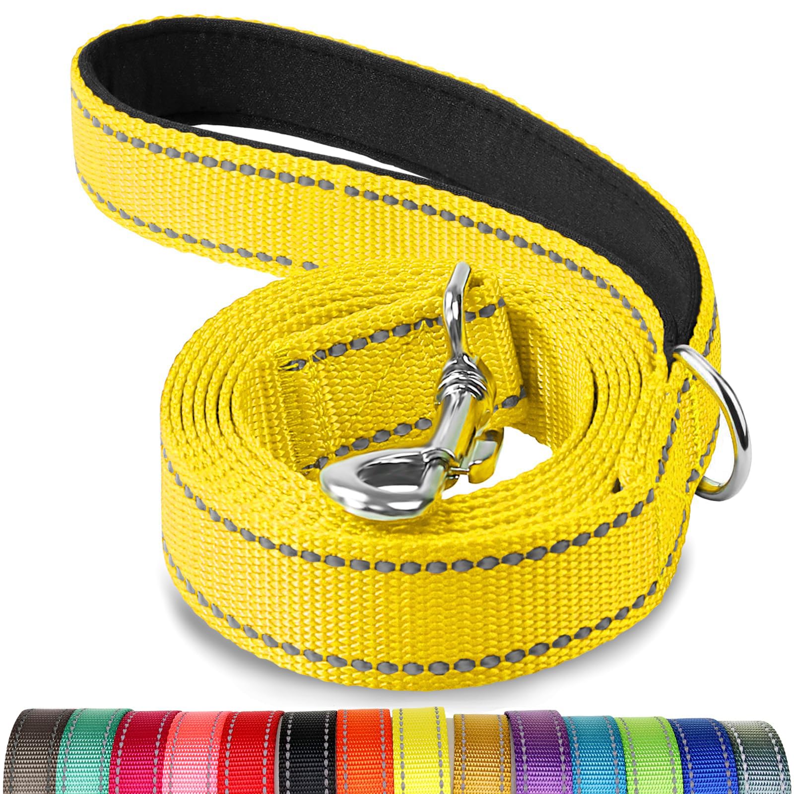 Joytale Double-Sided Reflective Dog Leash, 6 Ft/5 Ft/4 Ft, Padded Handle Nylon Dogs Leashes For Medium & Large Dogs Walking, Yellow, 5Ft