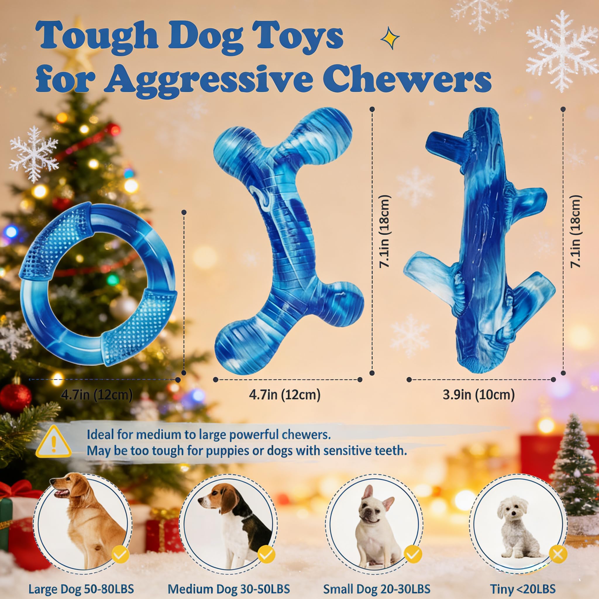 Furdog Dog Chew Toys for Aggressive Chewers - Tough Nylon Bacon Flavor - 3-Pack - Blue - Ideal for Large, Medium, Small Breeds