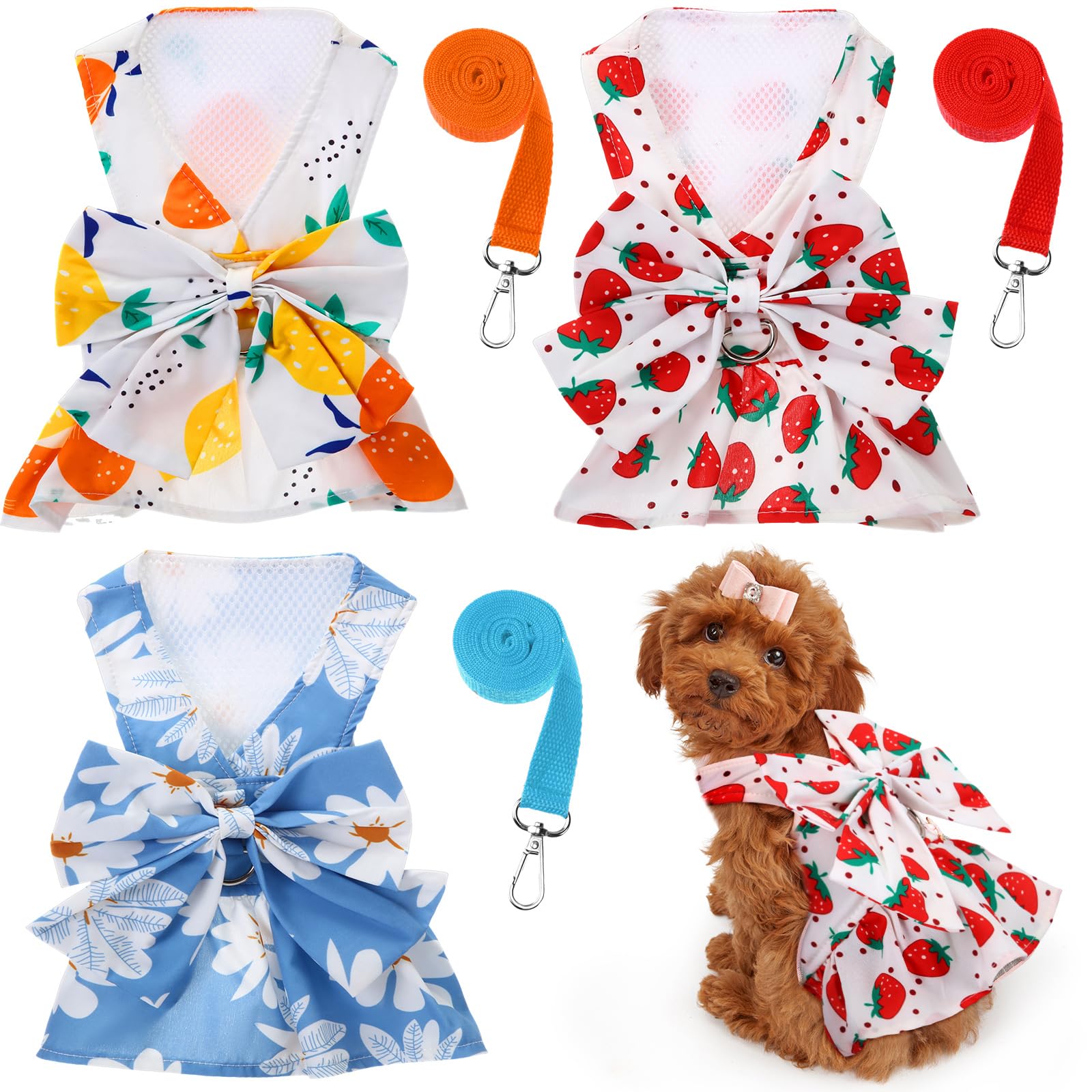Bulyoou 3 Pieces Dog Harness Dress And Leash Set Cute Female Dog Dresses Assorted Styles Puppy Clothes Breathable Polyester Pet 