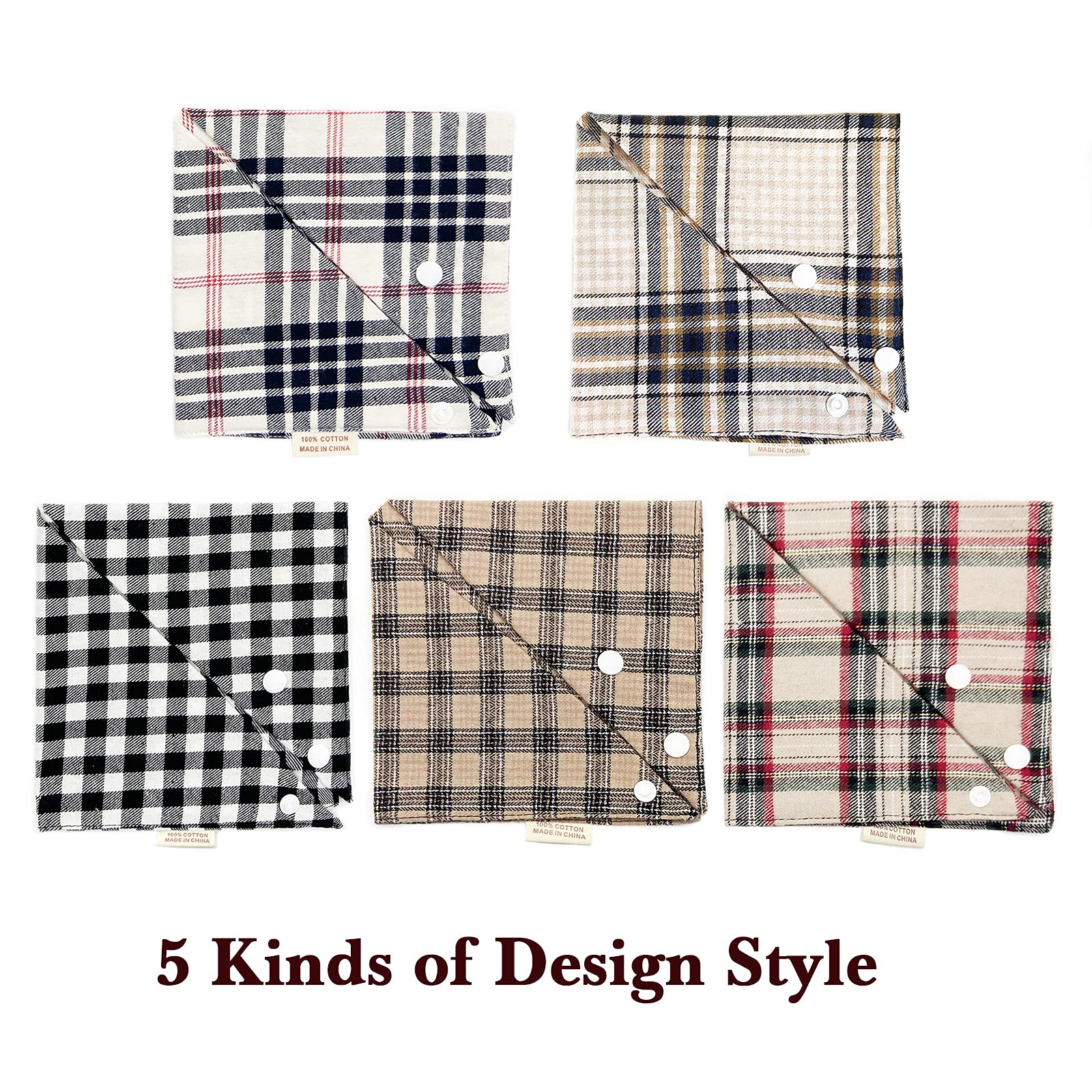 5Pcs Dog Bandanas With Button - Thick Triangle Bibs Dual Layer Soft Cotton Scarves For Small Medium Boy Girl Puppy Cat Pet Baby Square Plaid Printing Washable Kerchief Halloween Costumes Outfits