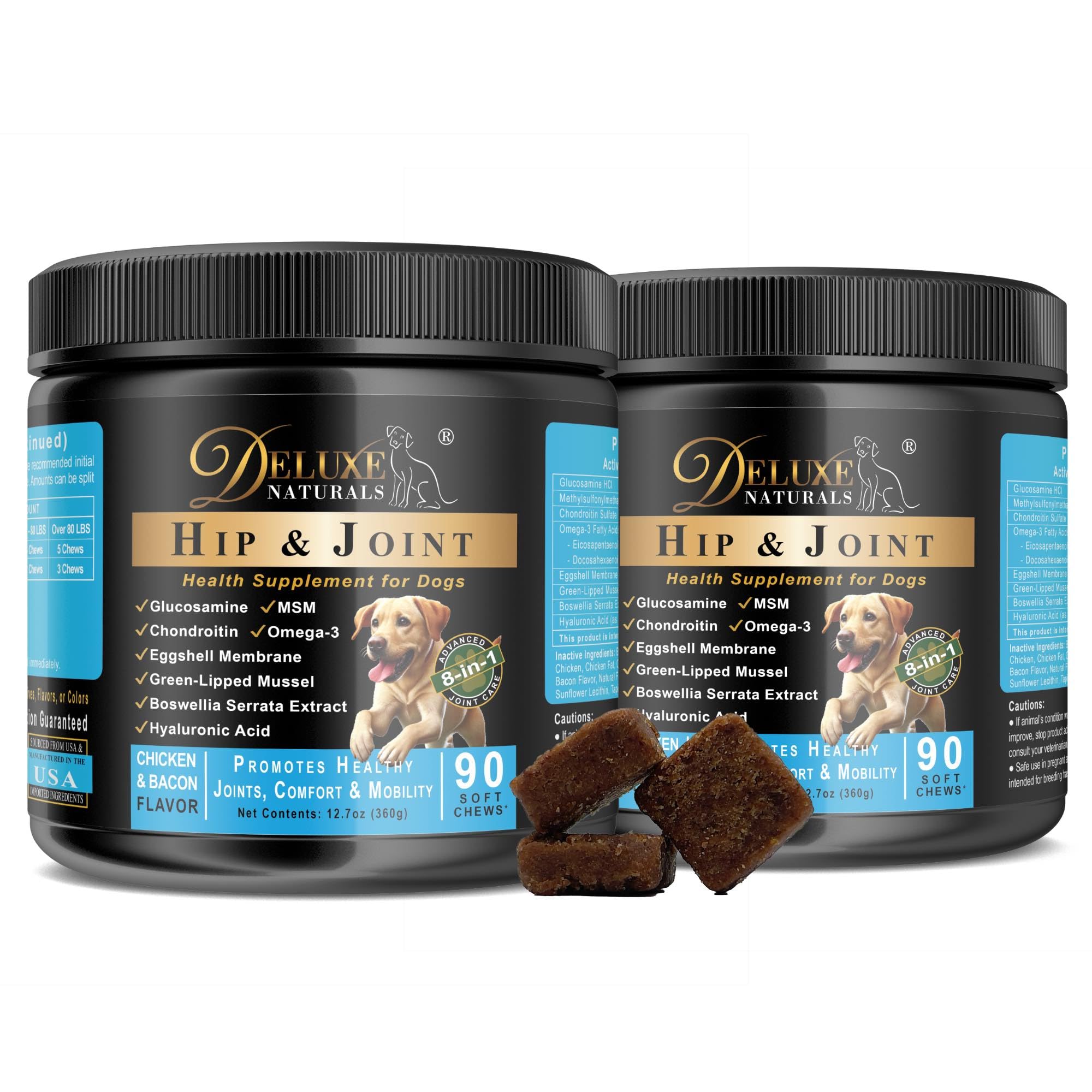 Deluxe Naturals Hip and Joint Soft Chews for Dogs - 180 Count (Pack of 2 x 90) - Glucosamine, MSM, Chondroitin, Omega-3, Green-L