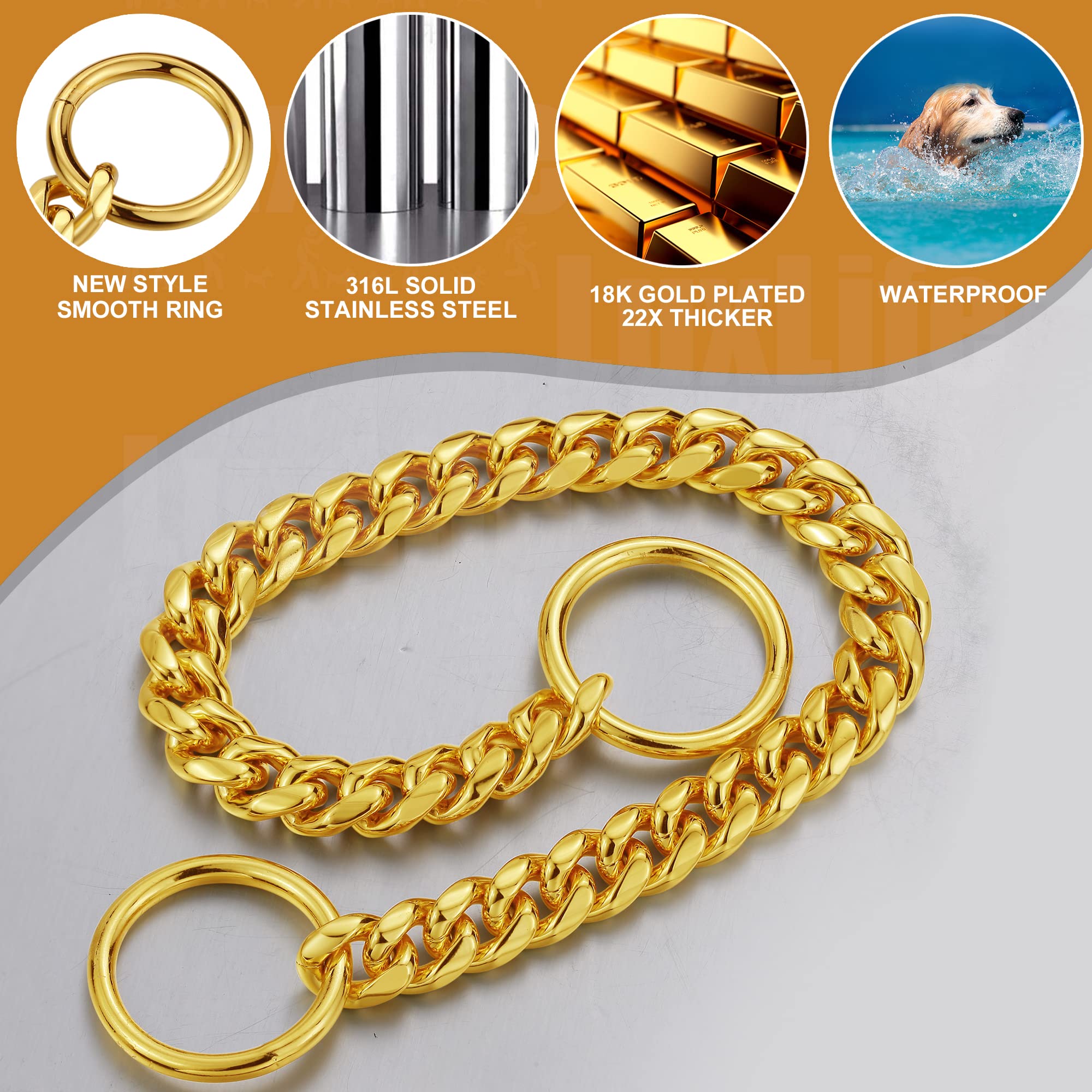 Luxlife Gold Cuban Link Dog Collar, 10Mm Stainless Steel, 5 Layer 18K Gold Plated, 'O' Lock, Bell & Bone Tag, Small To Large Dog