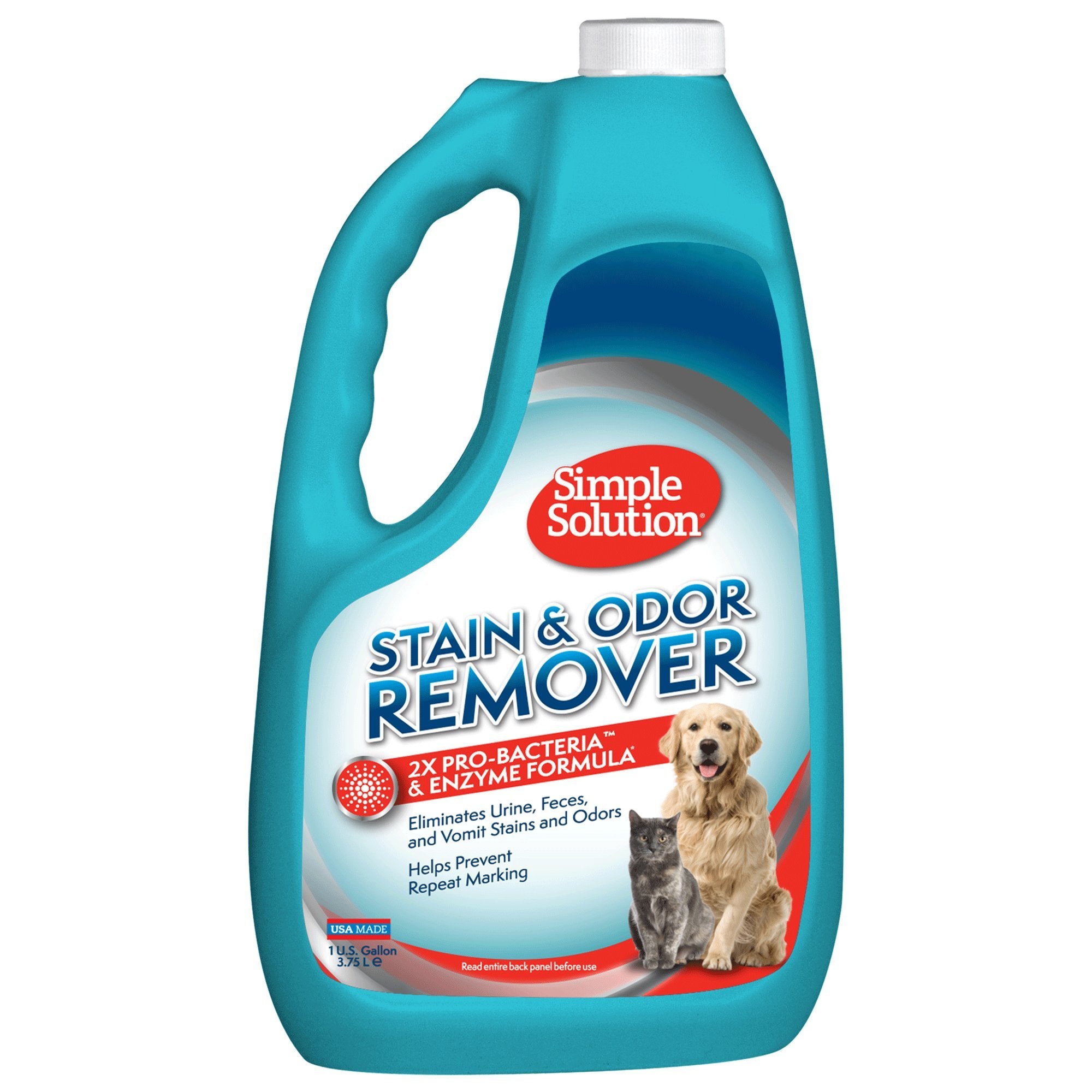 Simple Solution Stain And Odor Eliminator Spray For Dogs & Cats, Enzyme Cleaner With 2X Pro-Bacteria Cleaning Power, Strong Smell Remover For Carpets, Upholstery & Floors, 1 Gallon