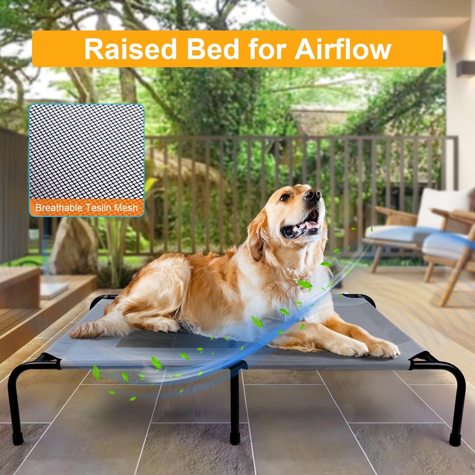 Outdoor Dog Elevated Bed For Large Dogs With Plush Mat, Durable Washable Raised Dog Beds, Indestructible Cooling Dogs Beds, Chew