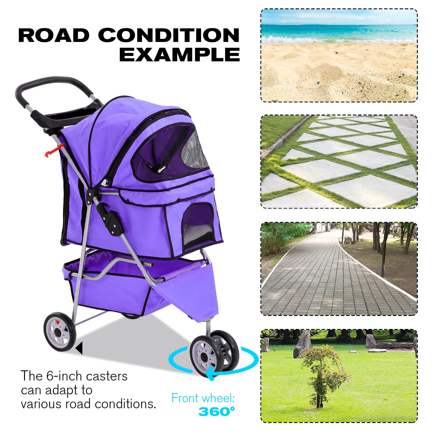 Hcy Folding Dog Stroller, 3 Wheels Cat Strollers Pet Gear For Small Medium Cats Dogs Puppy With Storage Basket, Cup Holder,Lightweight-Purple, 35.04Inchx17.32Inchx38.58Inch