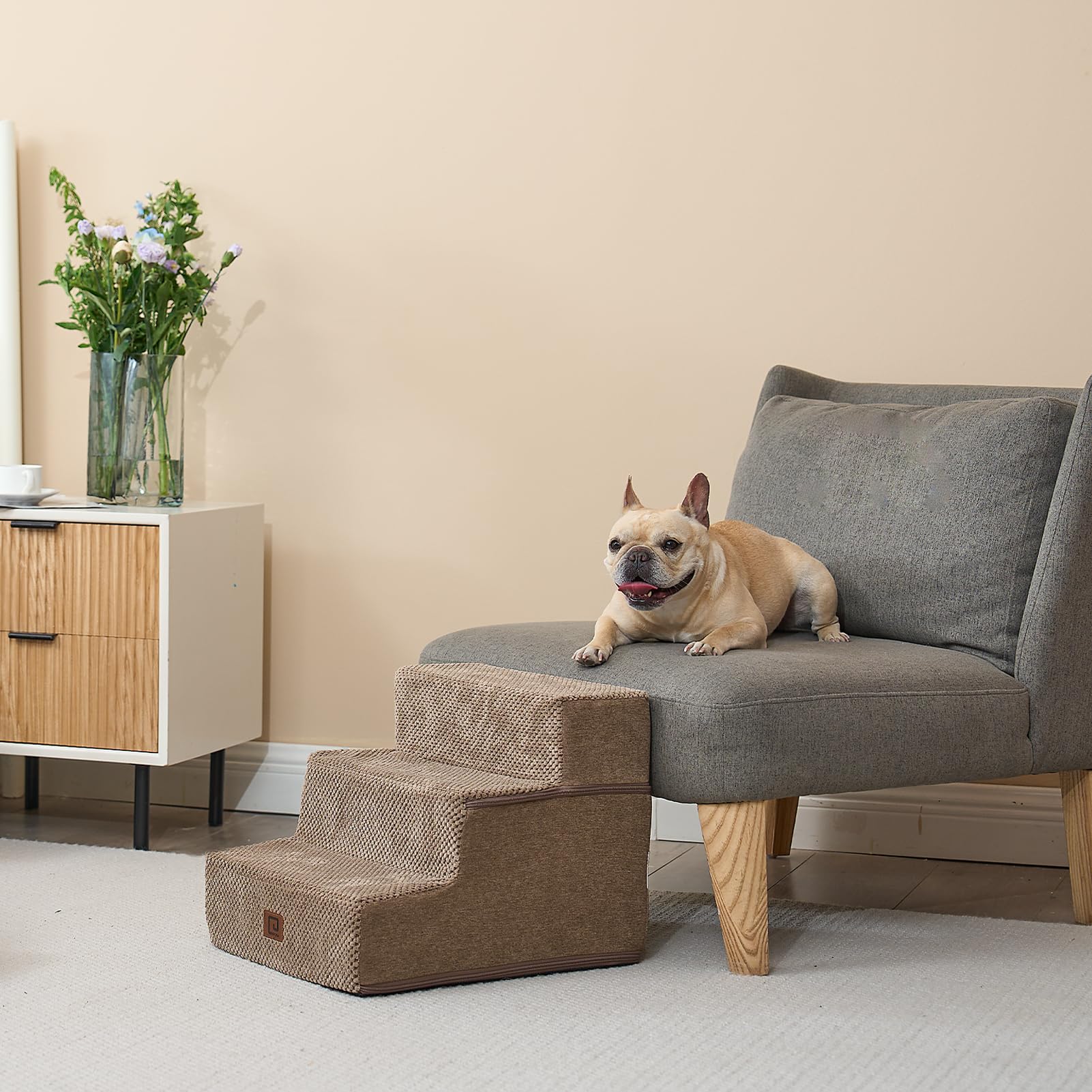 Eheyciga Dog Stairs For Small Dogs 13.5' H, 3-Step Dog Steps For Couch Sofa And Chair, Pet Steps For Small Dogs And Cats, Non-Slip Balanced Dog Indoor Ramp, Camel