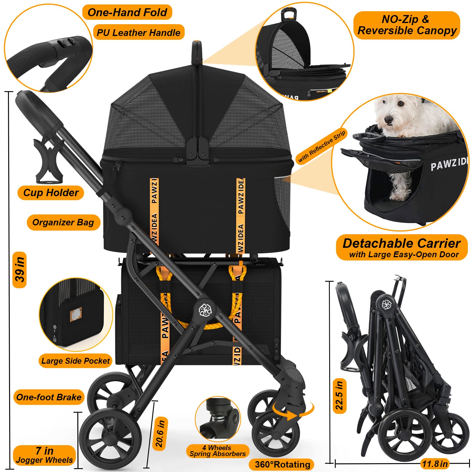 Pawzidea Double Pet Stroller With 2 Detachable Carriers, Tsa Airline Approved Cat Carrier Expandable, Seatbelt Pet Travel Car Se