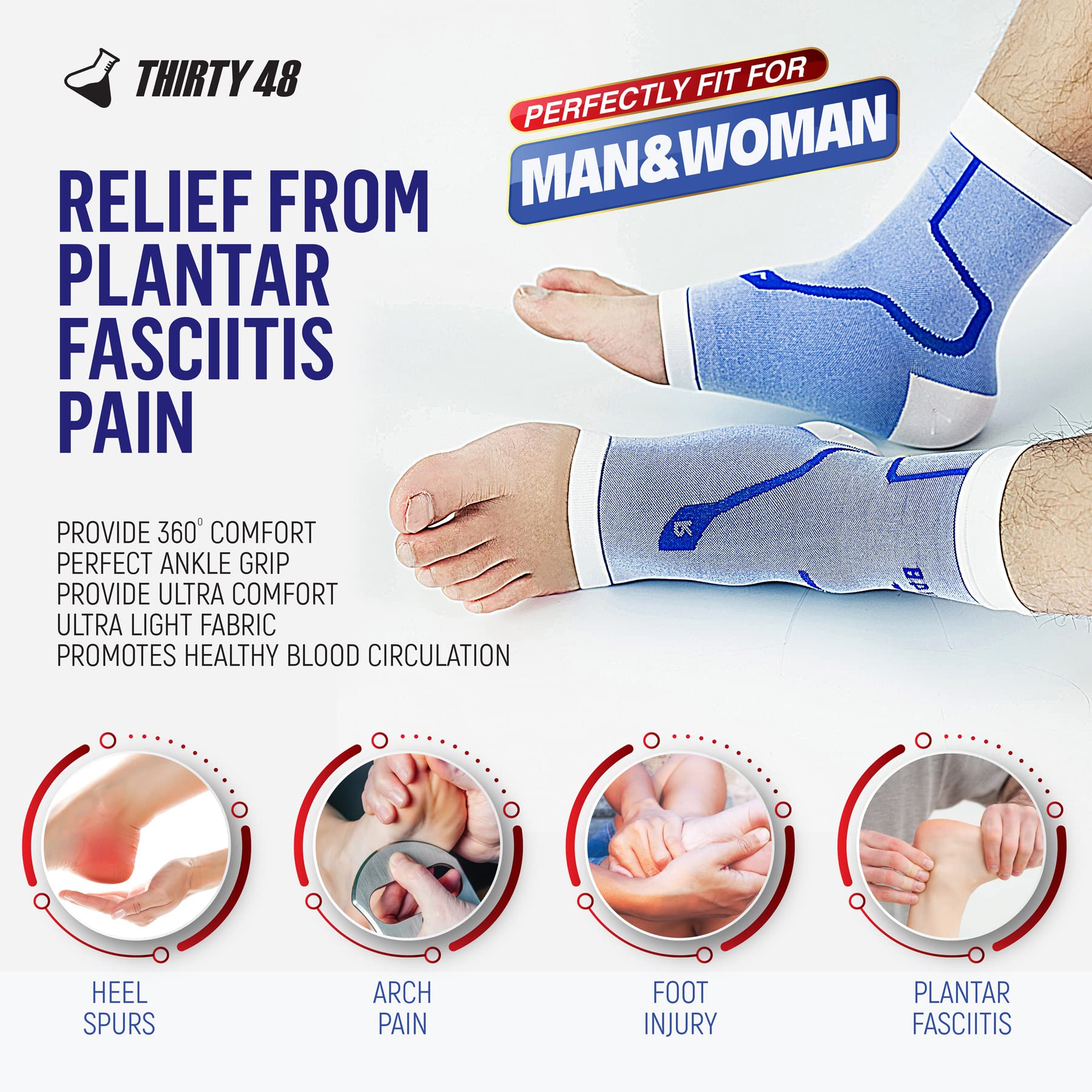 Thirty48 Plantar Fasciitis Socks, 20-30 mmHg Compression, Medium, Pink, Model FC2PKG, Relieves Arch Pain & Foot Swelling
