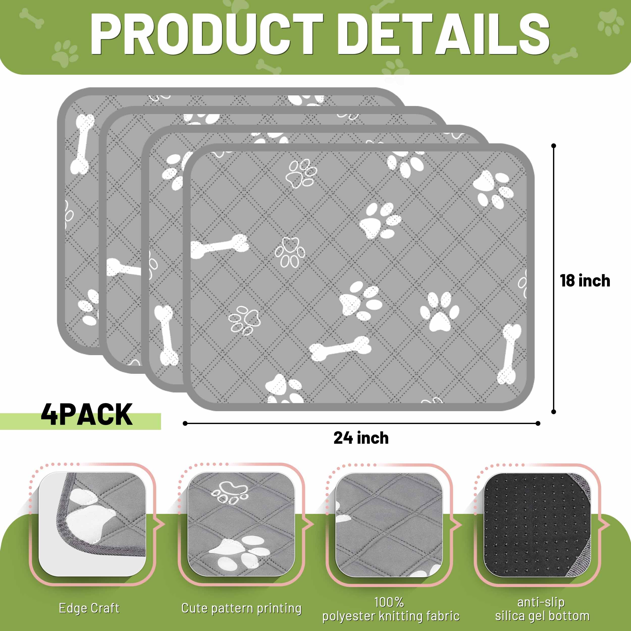 Patiencet Washable Pee Pads For Dogs, 18'' X 24'' Reusable Puppy Pads With Super Absorbent, 4 Pack Puppy Potty Pads With Waterpr