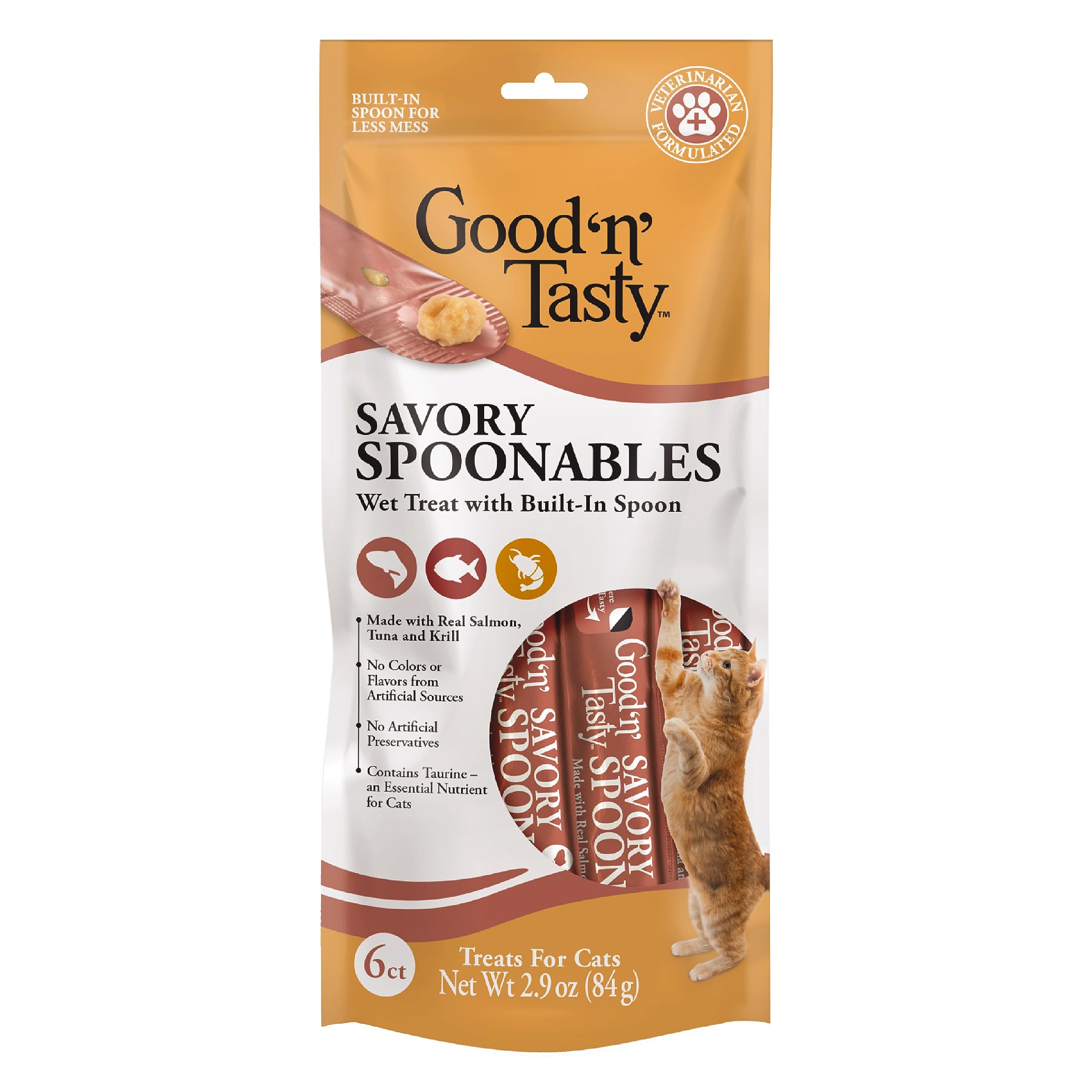 Good N Tasty Savory Spoonables with Real Salmon, Tuna & Krill, 6 Count Tube, Triple Flavor Squeezable Lickable Wet Treats for 