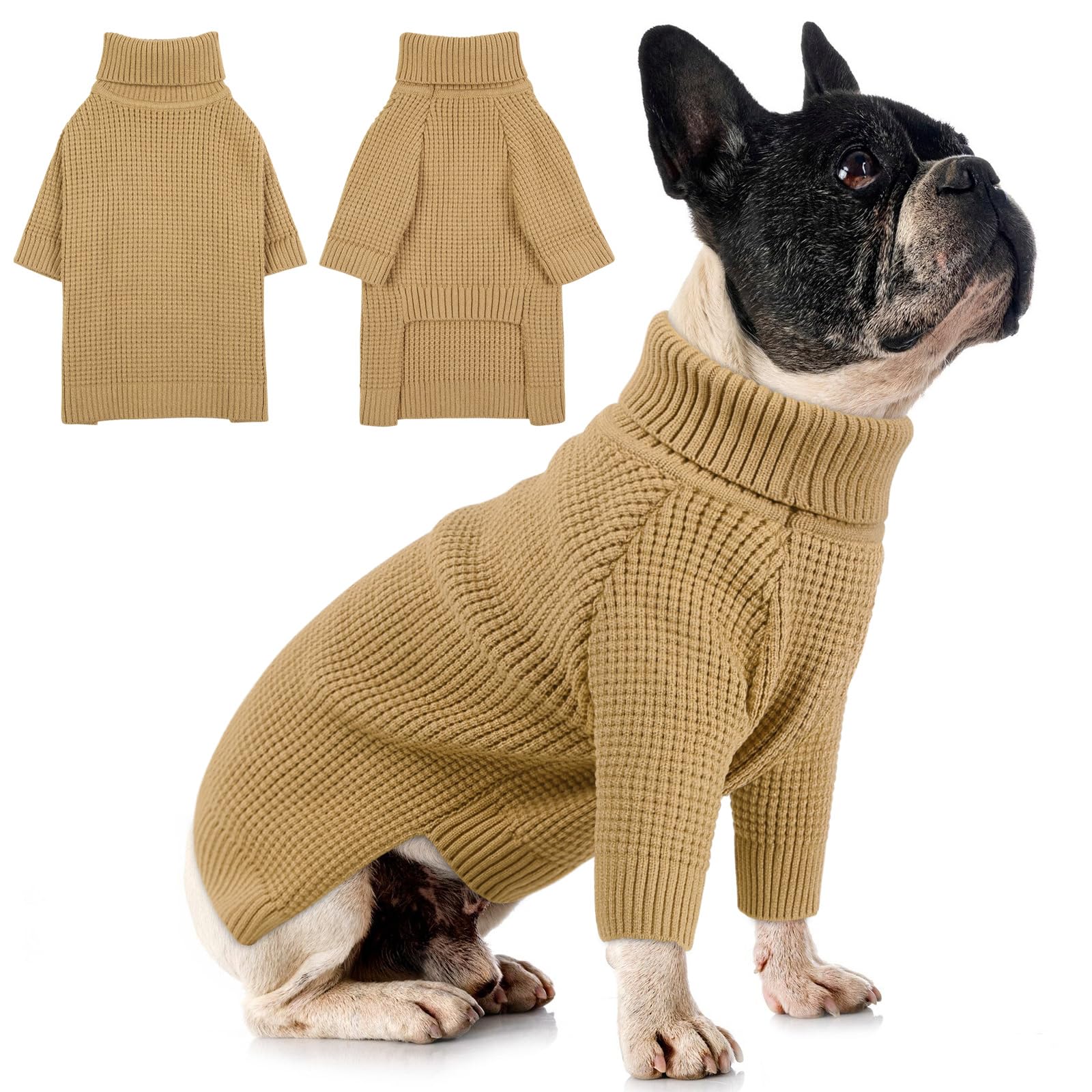 Queenmore Dog Sweater For Medium Dogs, Turtleneck Pet Sweater With Check Pattern, Fall Winter Warm Dog Sweaters, Solid Pull-On P