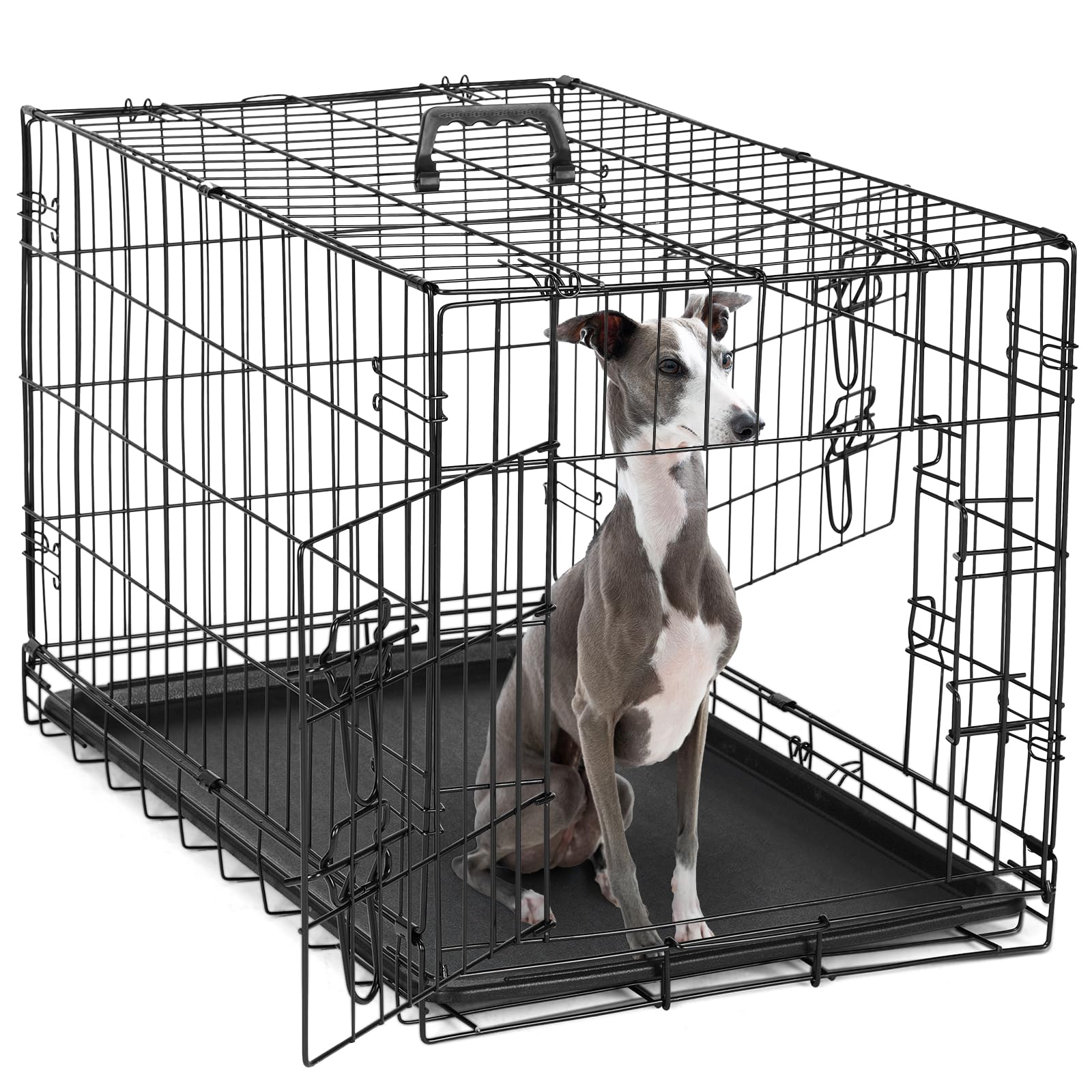 Dumos Dog Crate, 36 Inch Medium Double Door Dog Cage With Divider Panel And Plastic Leak-Proof Pan Tray, Folding Metal Wire Pet 