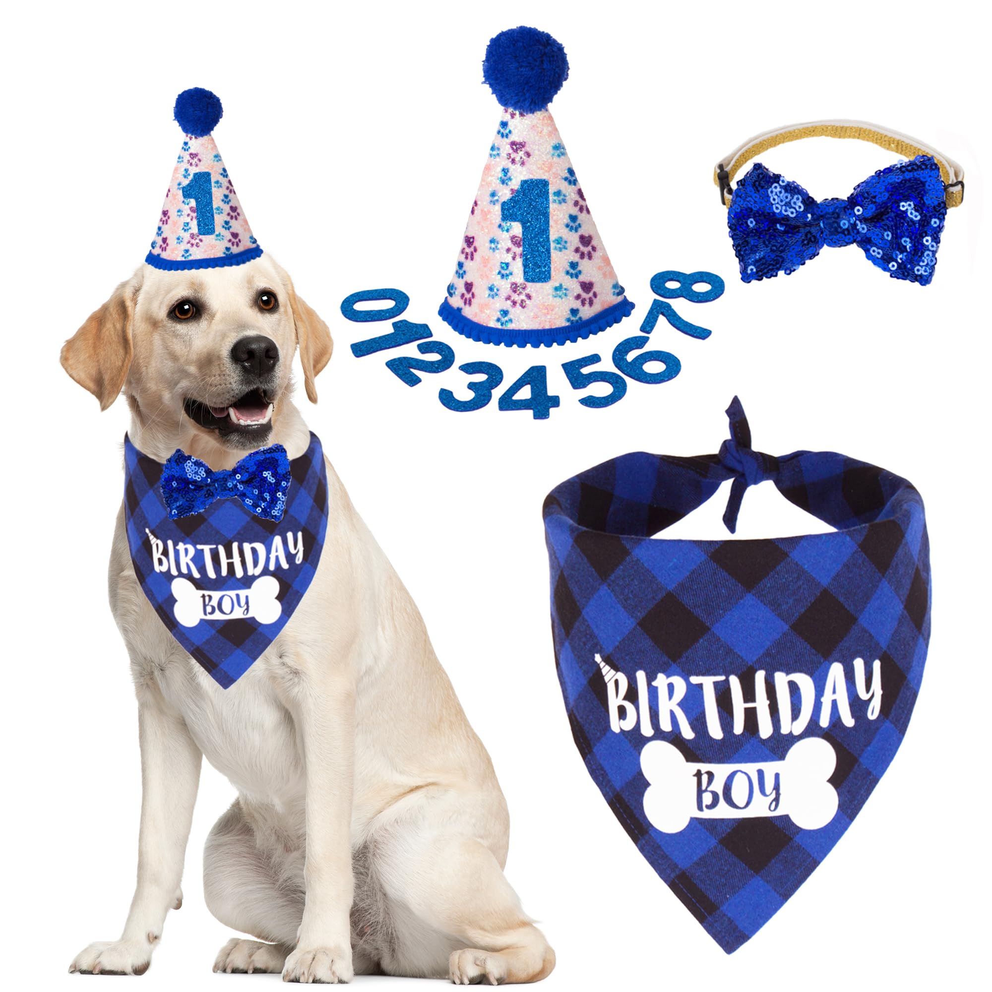 Adoggygo Dog Birthday Party Supplies, Pet Party Hat With Numbers, Bow, Blue Plaid Birthday Boy Bandana For Extra Large Dogs (X-L
