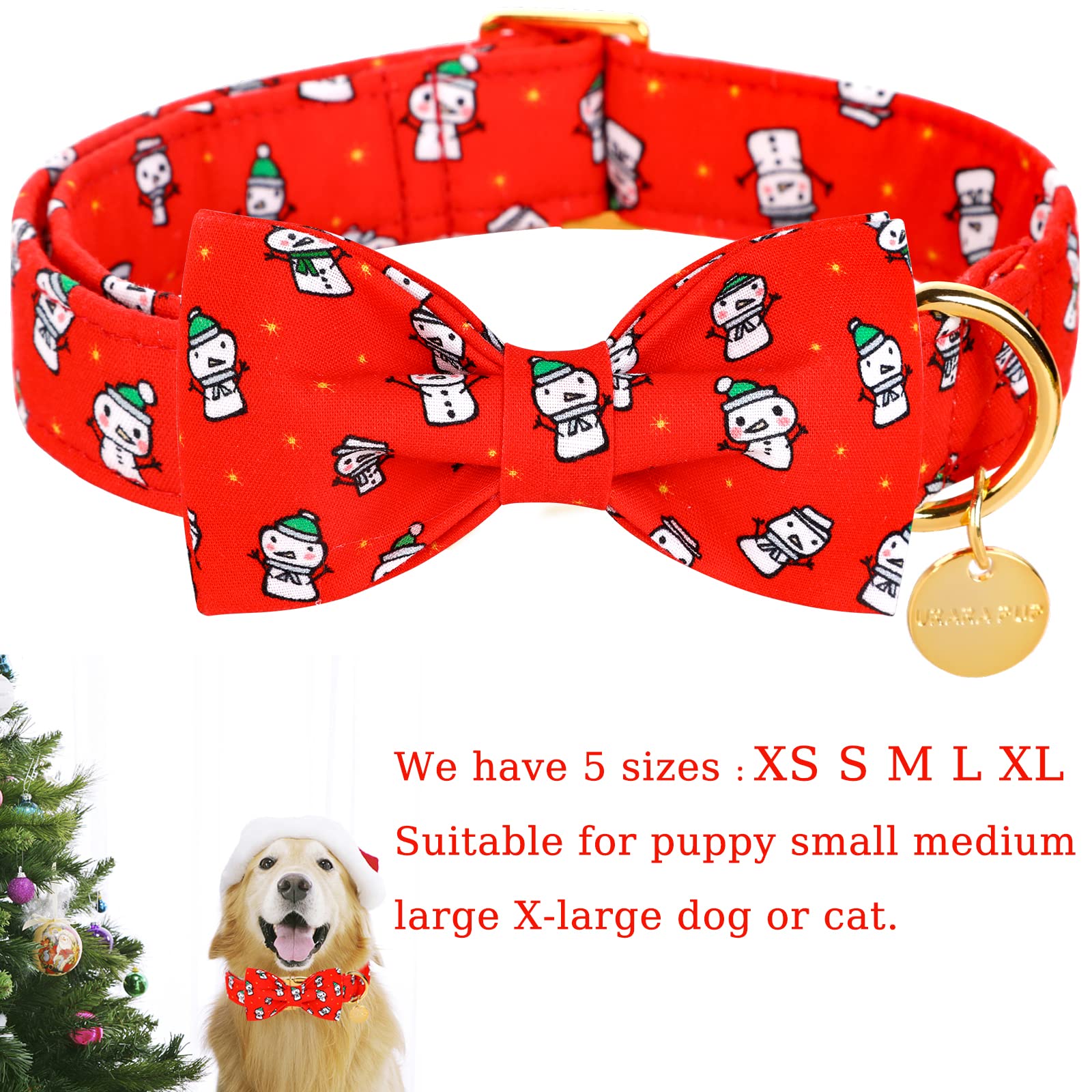 Up Urara Pup Dog Collar With Bow Tie, Christmas Comfortable Cotton Dog Bowtie Collar, Snowman Collar For Small Girl Boy Dog, Dur