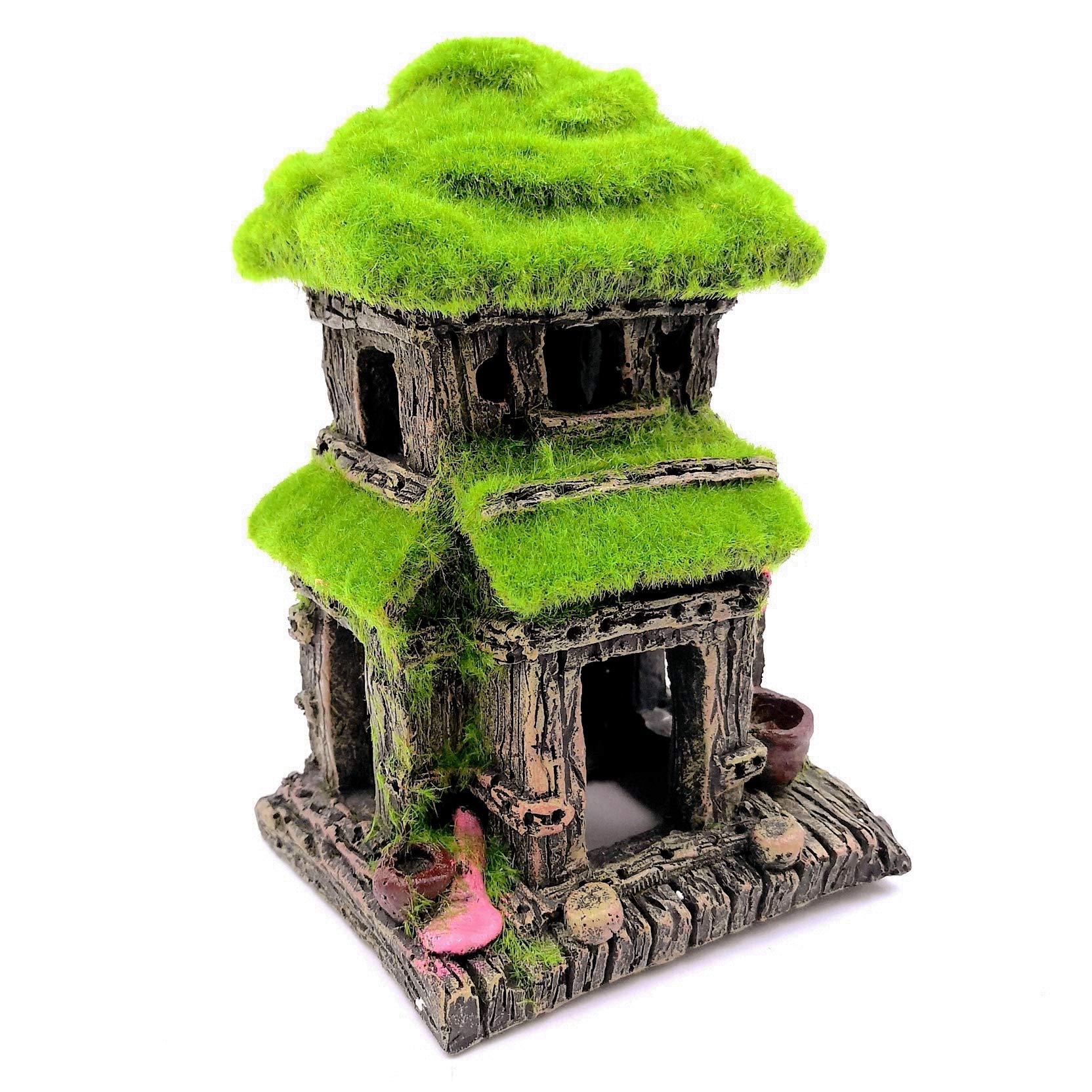 M2Cbridge Aquarium Decorations Fish Hideout House Betta Cave With Green Lifelike Moss (Style 3)