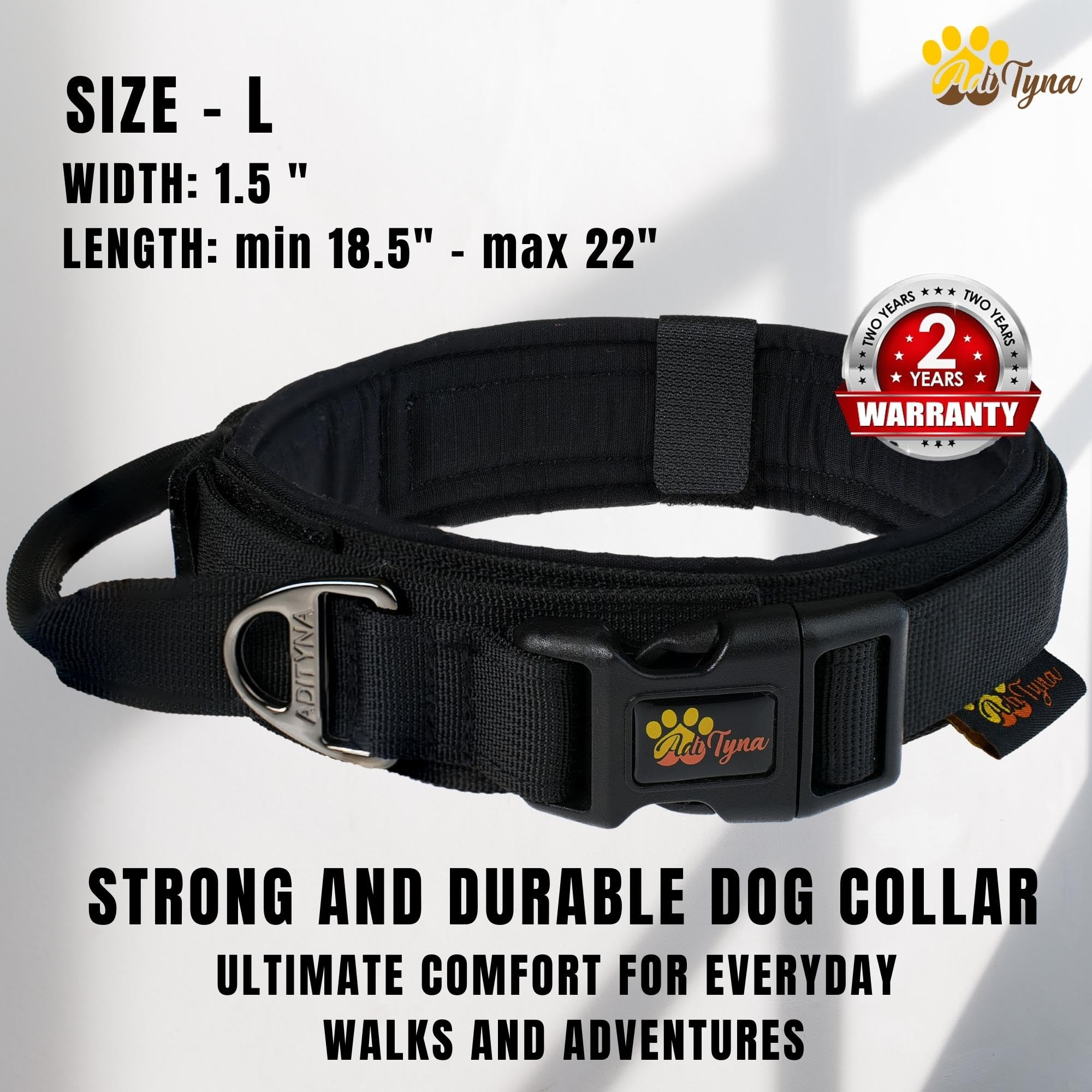 Adityna - Tactical Dog Collar For Large Dogs - Soft Padded, Heavy Duty, Adjustable Black Dog Collar With Handle For Training And