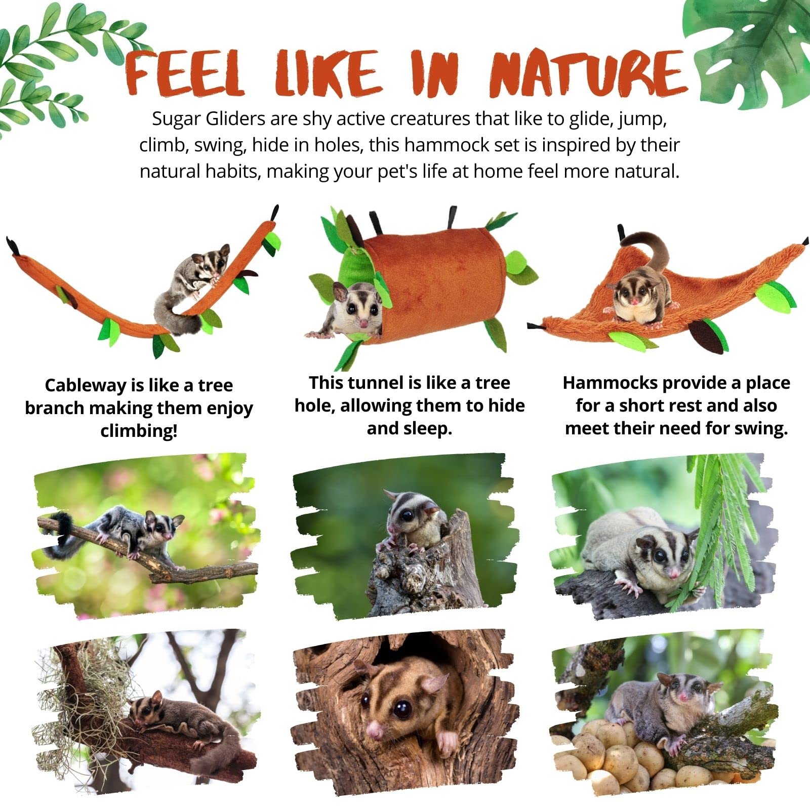 FABMODE 5Pcs Brown Sugar Glider Supplies Hammock Set for Small Pets - Cage Accessories for Hamsters, Guinea Pigs, Squirrels, Gerbils