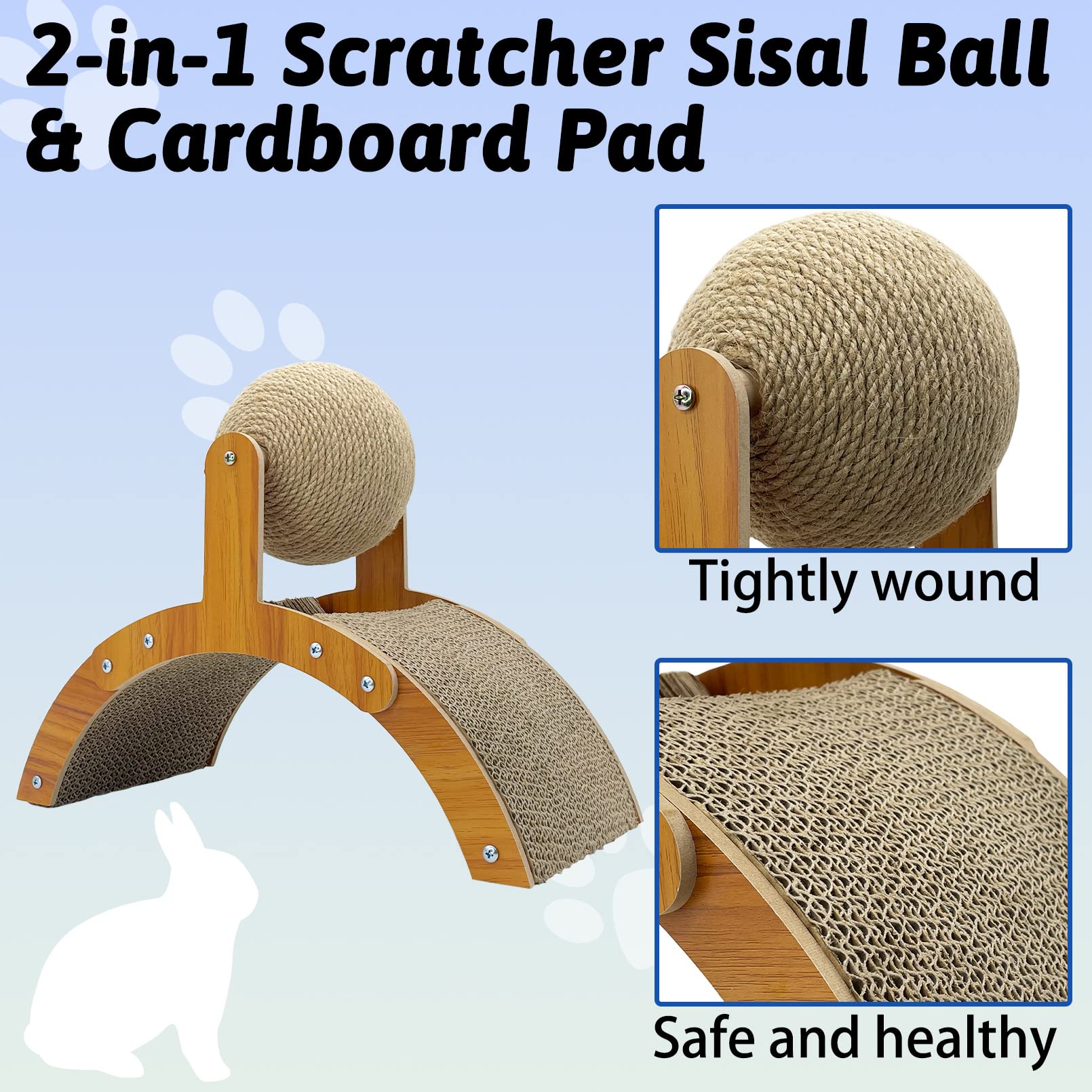 Fhiny Rabbit Scratch Toy, Natural Sisal Rabbit Scratching Ball with Cardboard Pad 2-in-1 Bunny Claw Scratcher Interactive Toys N
