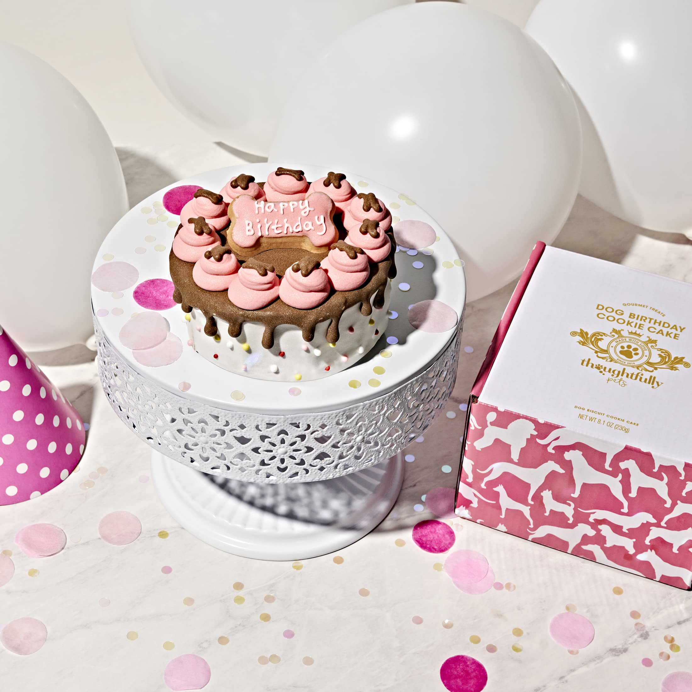Thoughtfully Pets, Pink Dog Happy Birthday Mini Cookie Cake, Pink, Peanut Butter Flavored, Hand Decorated Hollow Biscuit Cake fo