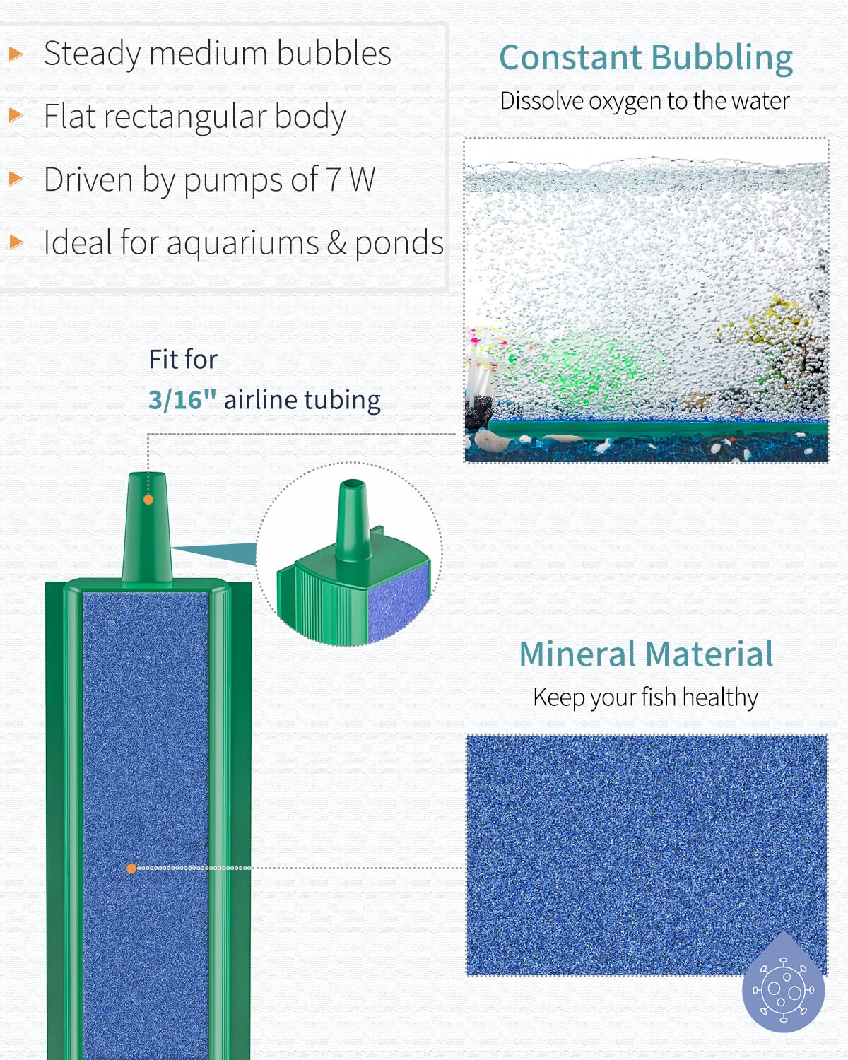 Pawfly Aquarium Air Stone Bar Bubbler 12 Inch, Fish Tank Bubbler Stone with 4 Suction Cups Square Oxygen Diffuser for Air Pump F