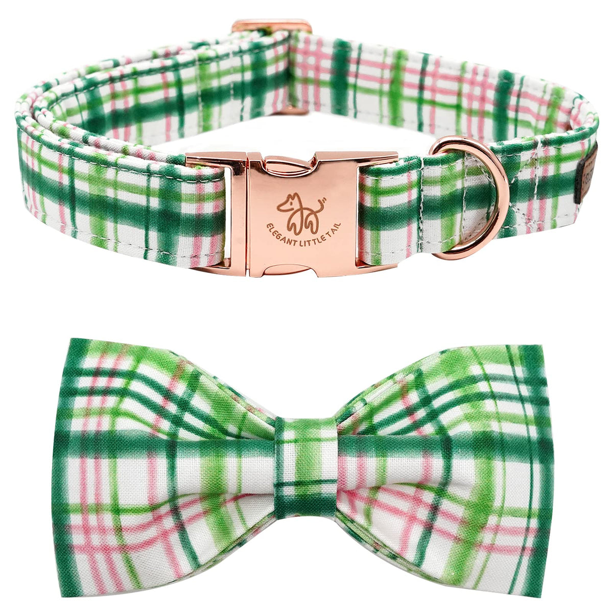 Elegant Little Tail Dog Collar With Bow - Pink With Green Plaid Boy Or Girl Dog Collar Cute Bowtie Pet Collar Adjustable Dog Col