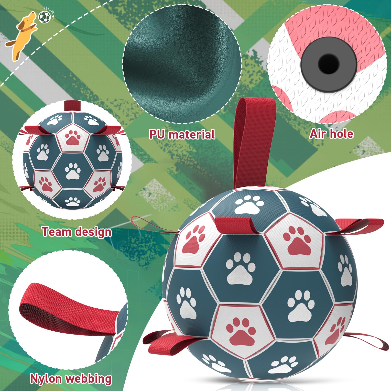 Qdan Dog Toys Soccer Ball With Straps:Durable Balls For Large Dogs, Outdoor Dog Toys, Puppy Birthday Gifts (8 Inch)