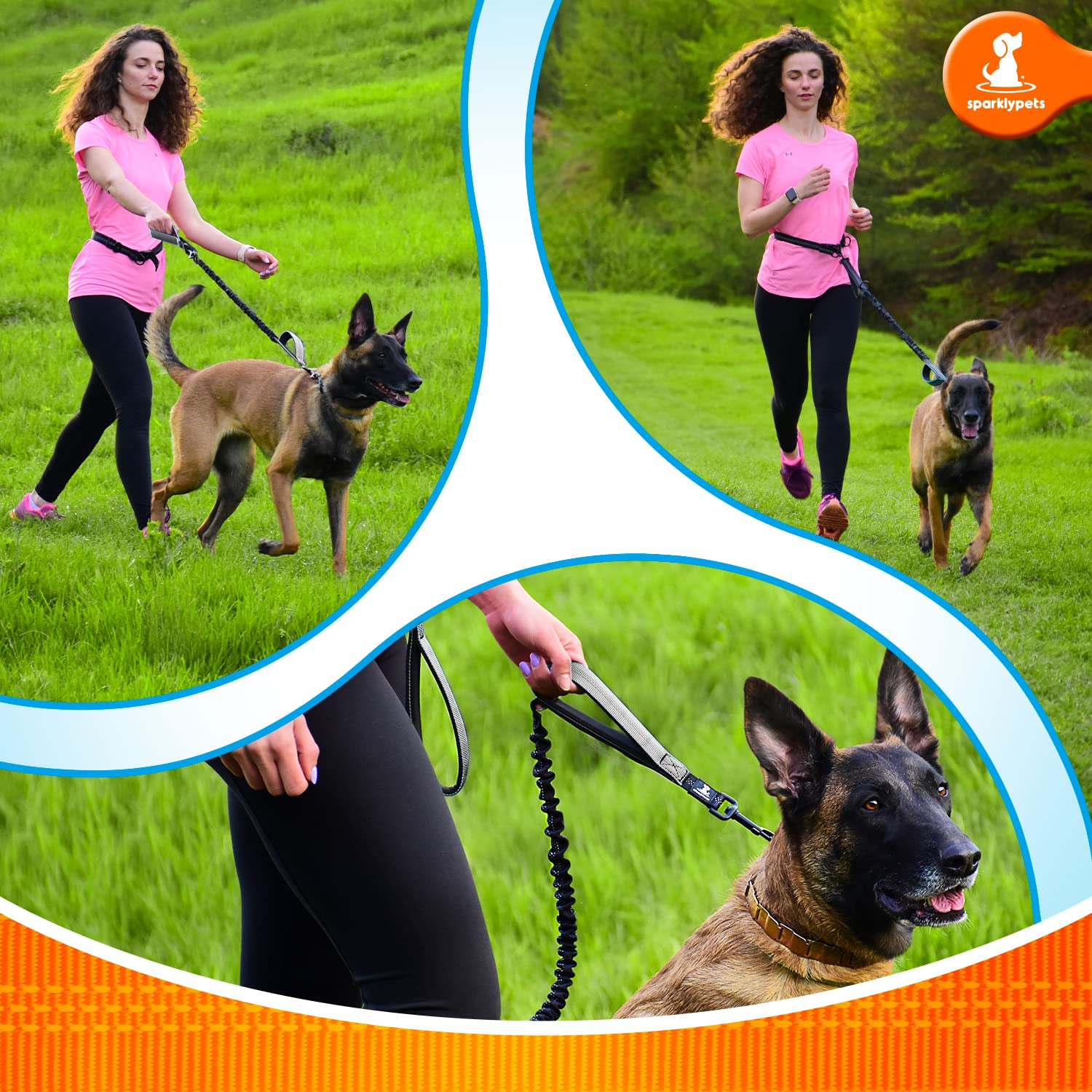 Sparklypets Hands Free Dog Leash For Medium And Large Dogs - Professional Harness With Reflective Stitches For Training, Walking, Jogging And Running Your Pet (Gray, For 1 Dog)