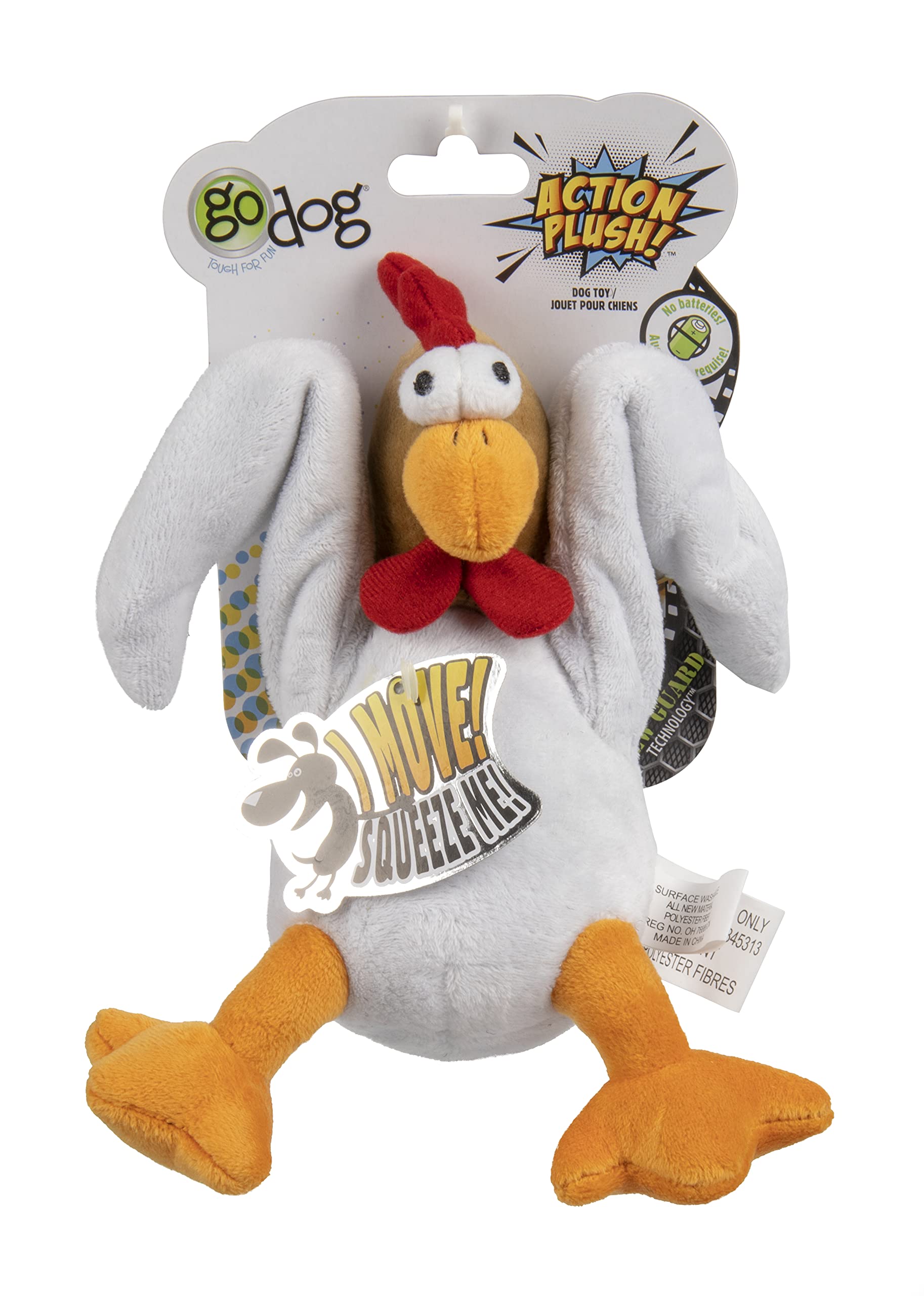 Godog Action Plush Chicken Animated Squeaky Dog Toy, Chew Guard Technology - White, One Size