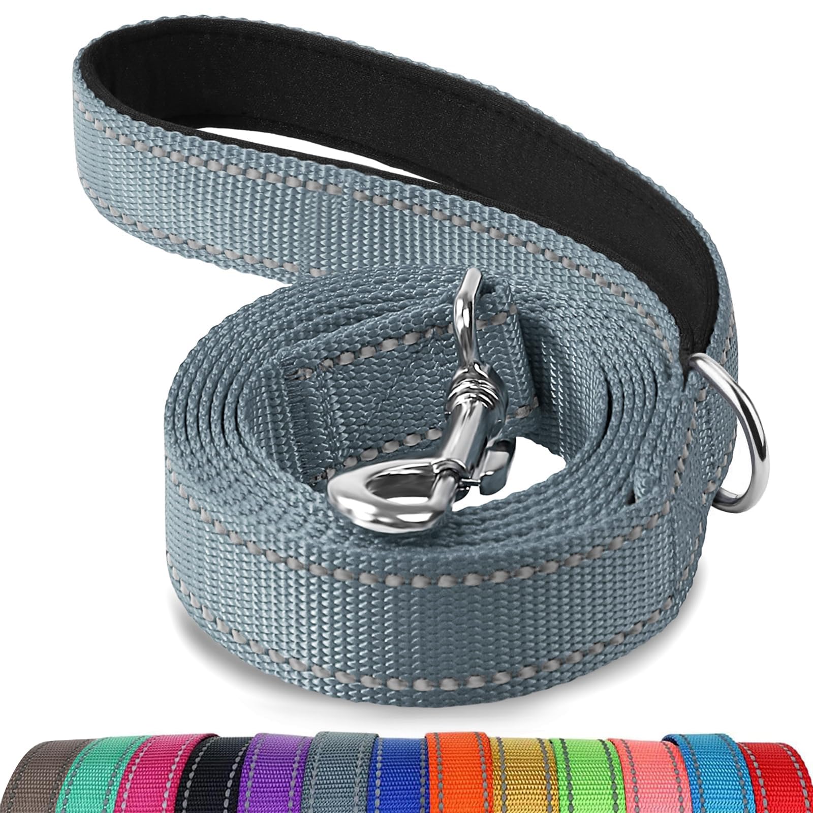 Joytale Double-Sided Reflective Dog Leash, 6 Ft/5 Ft/4 Ft, Padded Handle Nylon Dogs Leashes For Medium & Large Dogs Walking, Gray, 5Ft