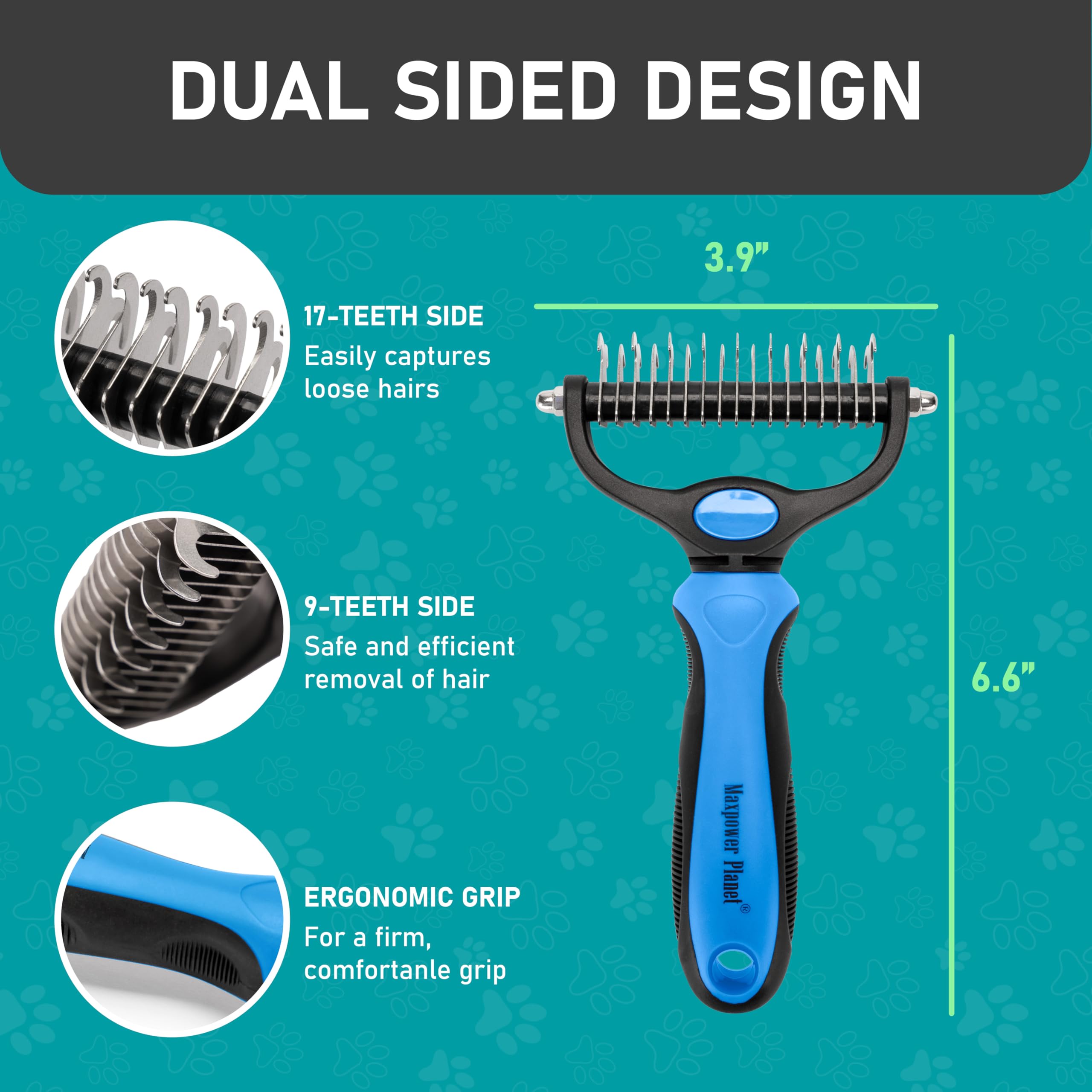 Maxpower Planet Pet Grooming Brush - Double Sided Shedding Rake, Large, Rubber, B1 - Rake, Gloves & Comb for Dogs and Cats