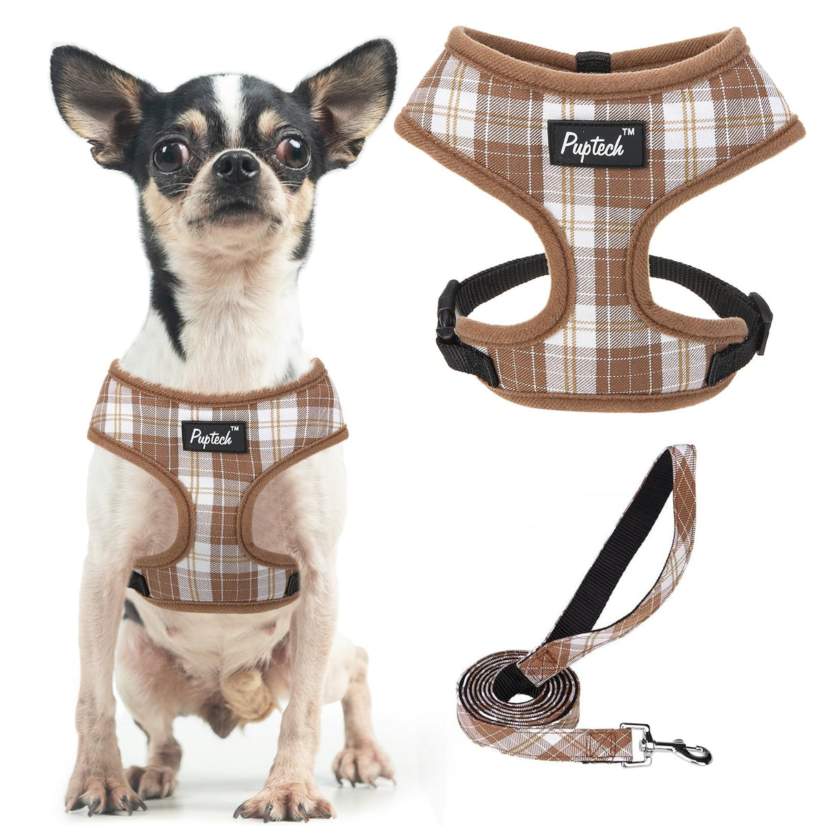 Pupteck Soft Mesh Dog Harness And Leash Set Pet Puppy Cat Comfort Padded Vest No Pull Harnesses, Brown, Xs