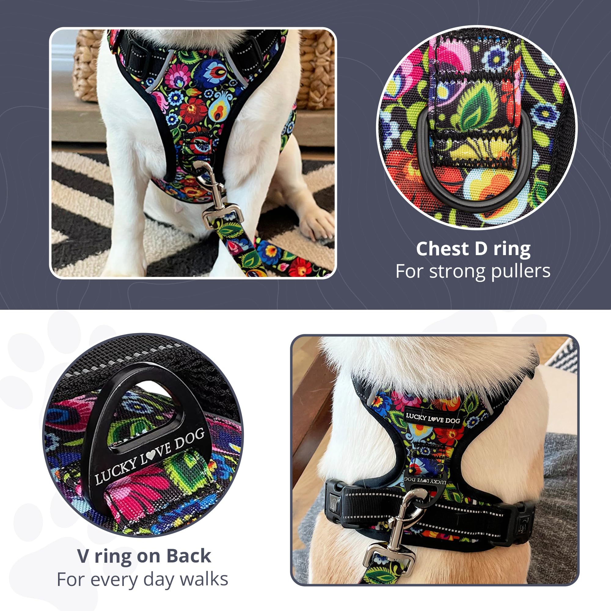Lucky Love Dog No Pull Harness, Adjustable Medium Primrose Floral, Nylon, Vivid Dog Harness Vest for Small Medium Large Dogs