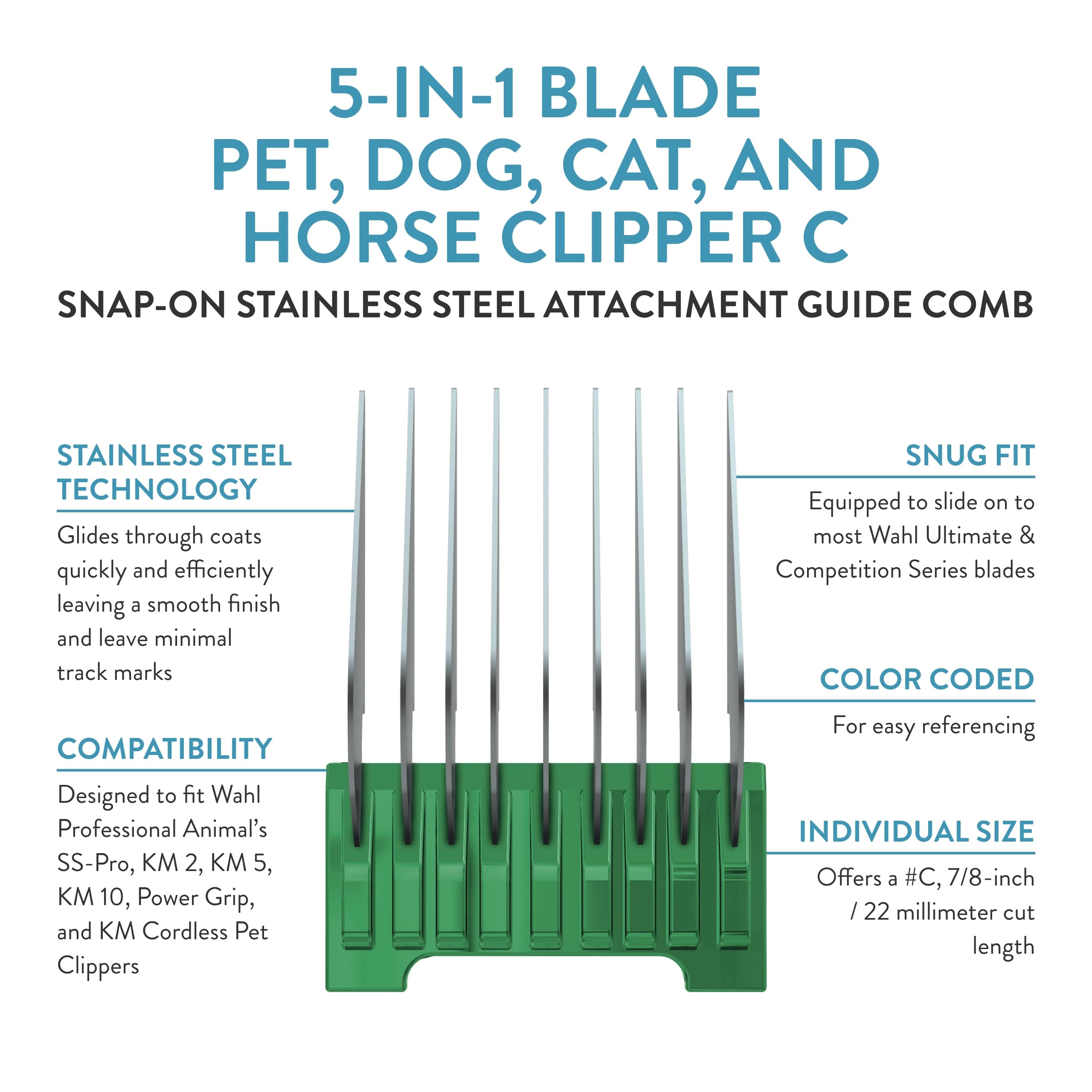 Wahl Professional Animal Stainless Steel Attachment Guide Comb 5-In-1 Detachable Blade Pet, Dog, Cat, And Horse Clippers C, 7/8-