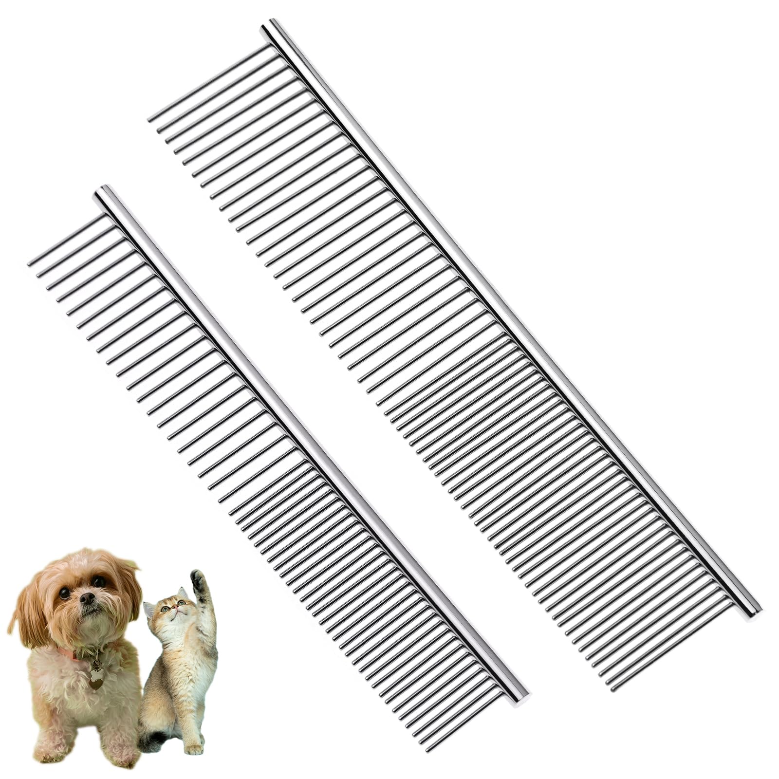 Flezoo 2Pcs Dog And Cat Brush, Stainless Steel Pets Grooming Comb Kit, Detangler Deshedding Brush, Metal Knots Hair Remover 6.4'