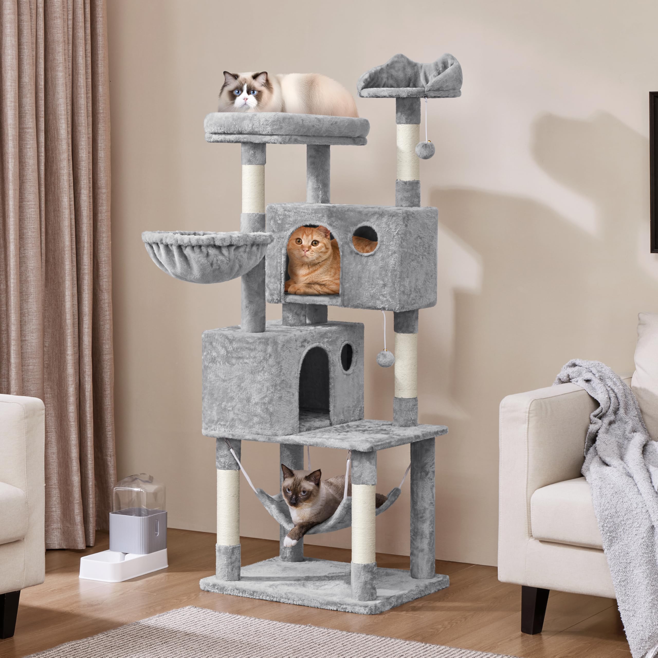 Yaheetech 64.5In Extra Large Multi-Level Cat Tree Kittens Play House Condo With Platform, Perch Hammock & Scratching Posts, Ligh