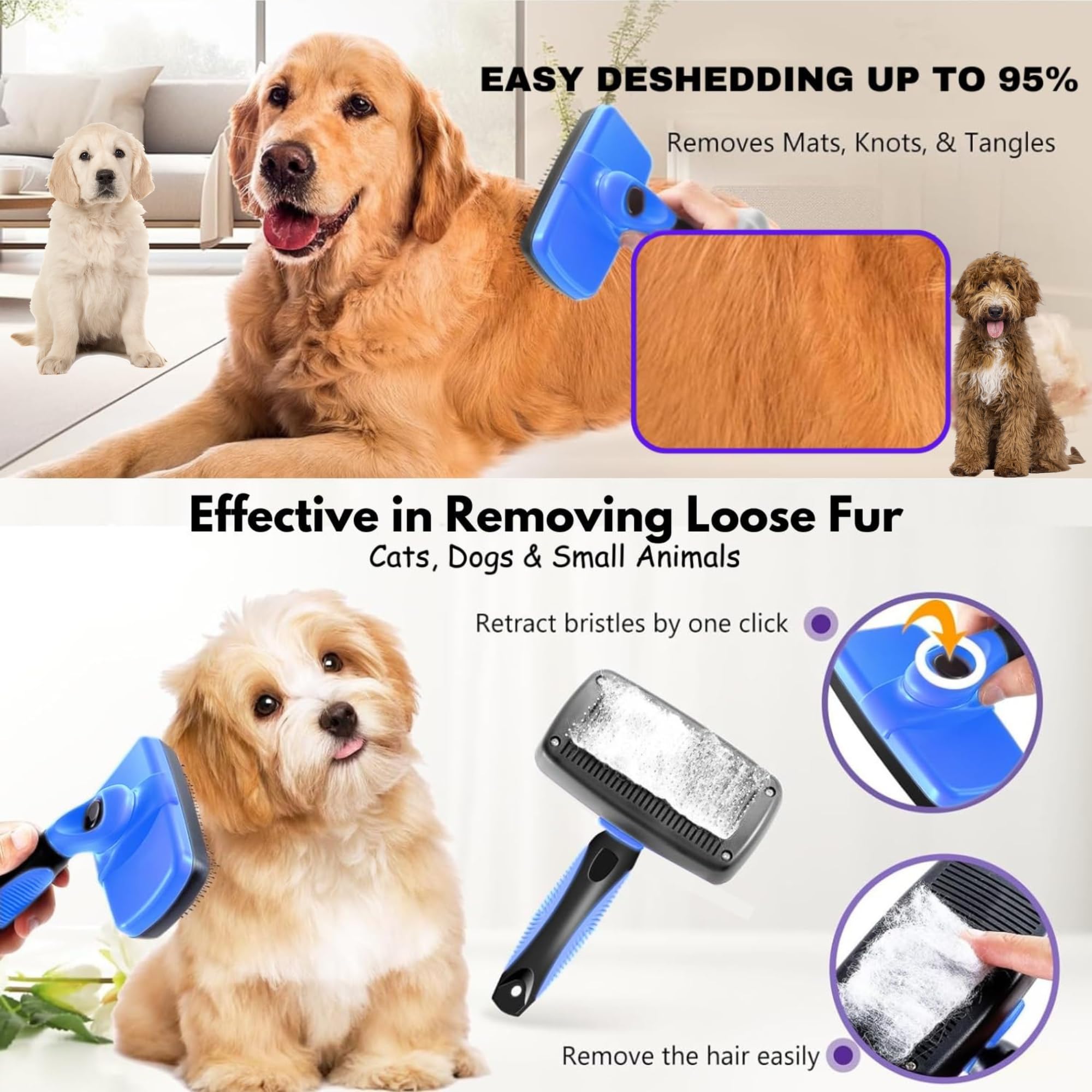 Aina Self-Cleaning Pet Grooming Brush | Pet Slicker Brush For Dogs & Cats Detangling & Fur Removal With Click Clean Button | Eff
