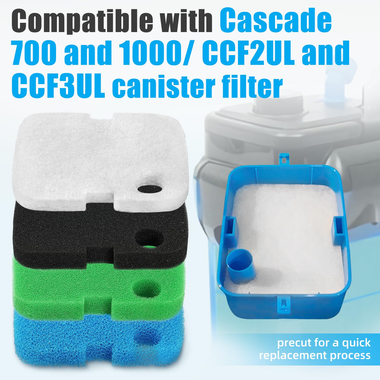AQUANEAT 16pcs Replacement Filter Pads for Cascade 700/1000 CCF2UL/CCF3UL - Blue/Green/Clear Aquarium Filter Floss Media
